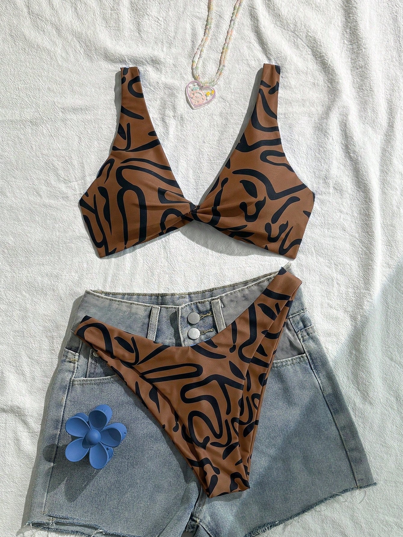 Swim Vcay Women Fashion Blue Floral Print Separate Swimwear Set, Sexy