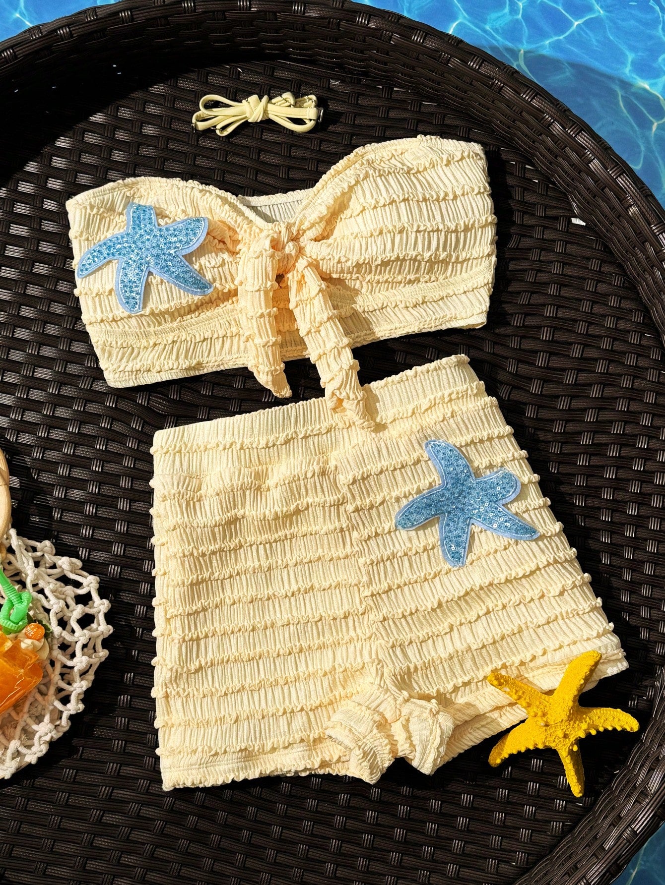 Swim SXY Cute Yellow 2-Piece Textured High-Waisted Bow-Tie Spaghetti