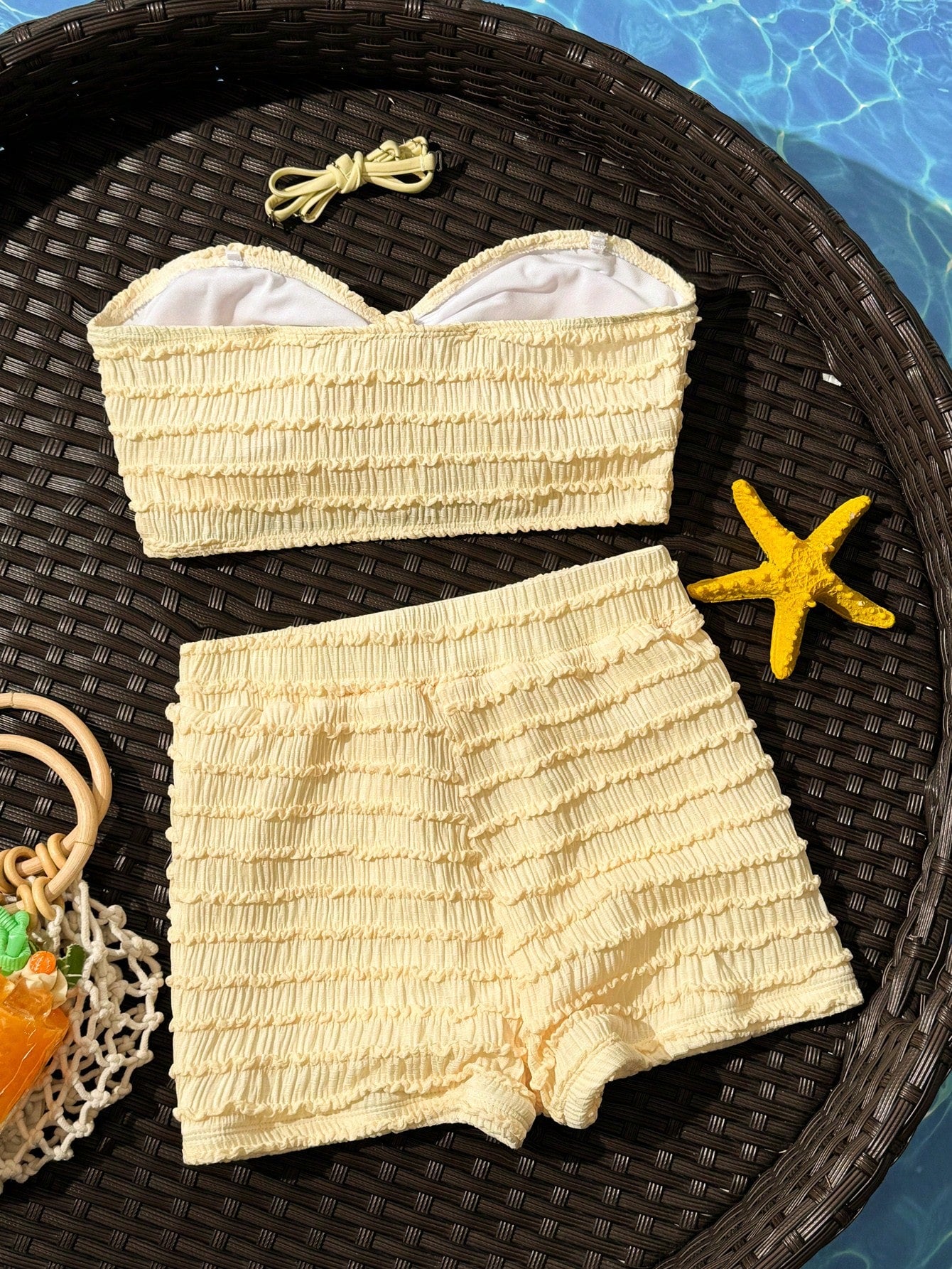 Swim SXY Cute Yellow 2-Piece Textured High-Waisted Bow-Tie Spaghetti