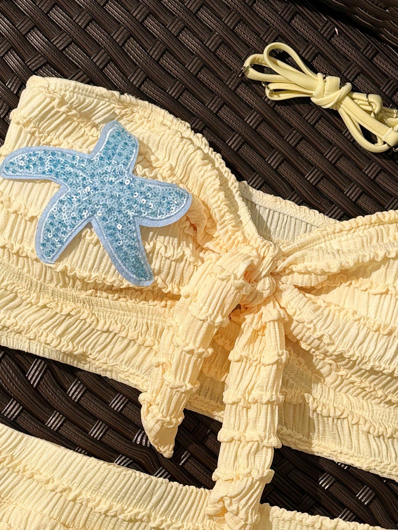 Swim SXY Cute Yellow 2-Piece Textured High-Waisted Bow-Tie Spaghetti