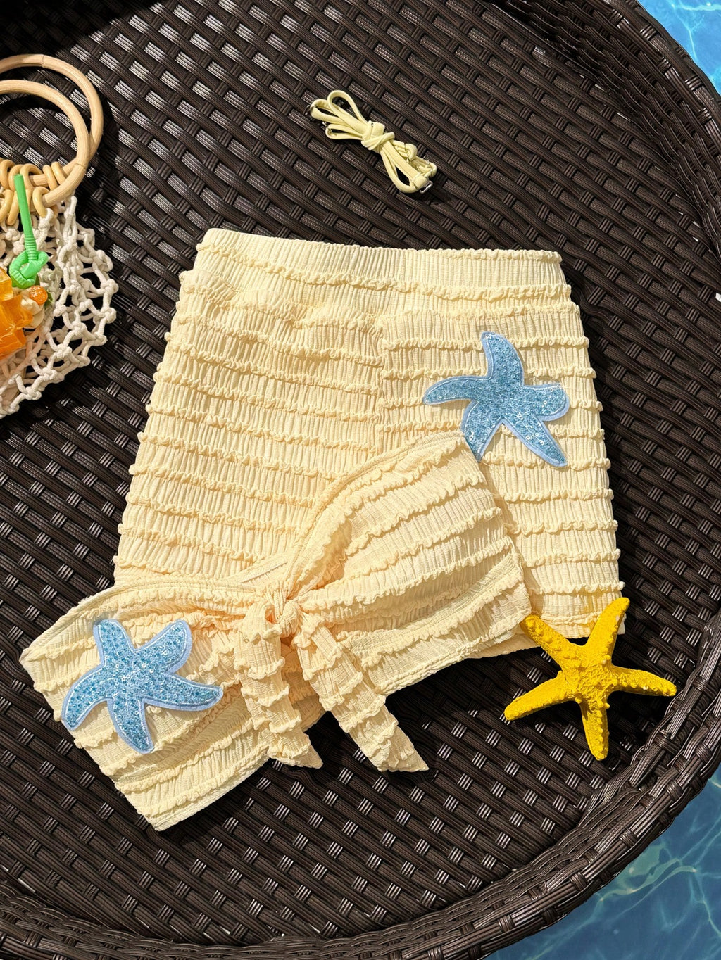 Swim SXY Cute Yellow 2-Piece Textured High-Waisted Bow-Tie Spaghetti