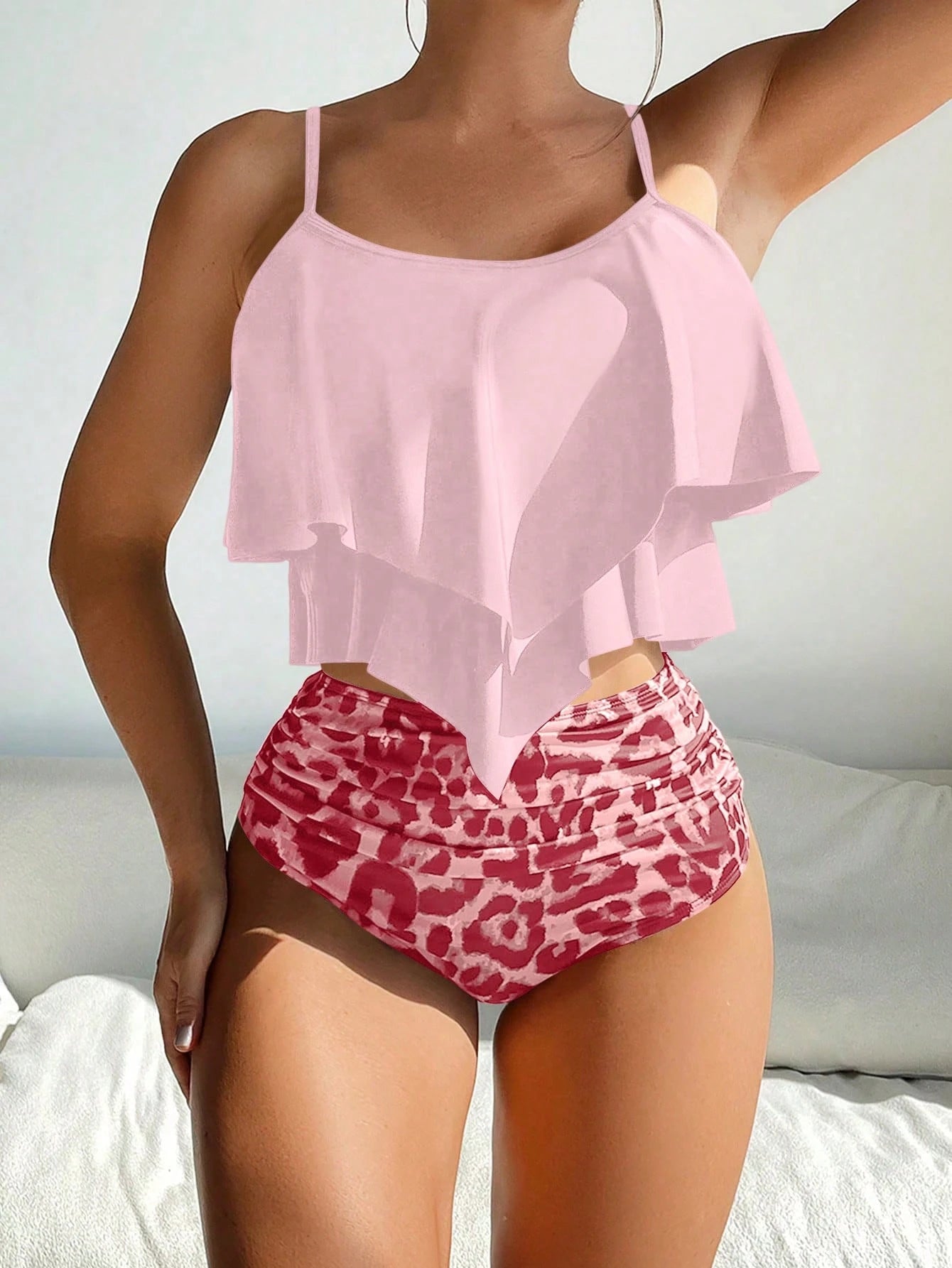 Swim Lushoire 2pcs Women's Ruffled Crop Top And High Waist Leopard