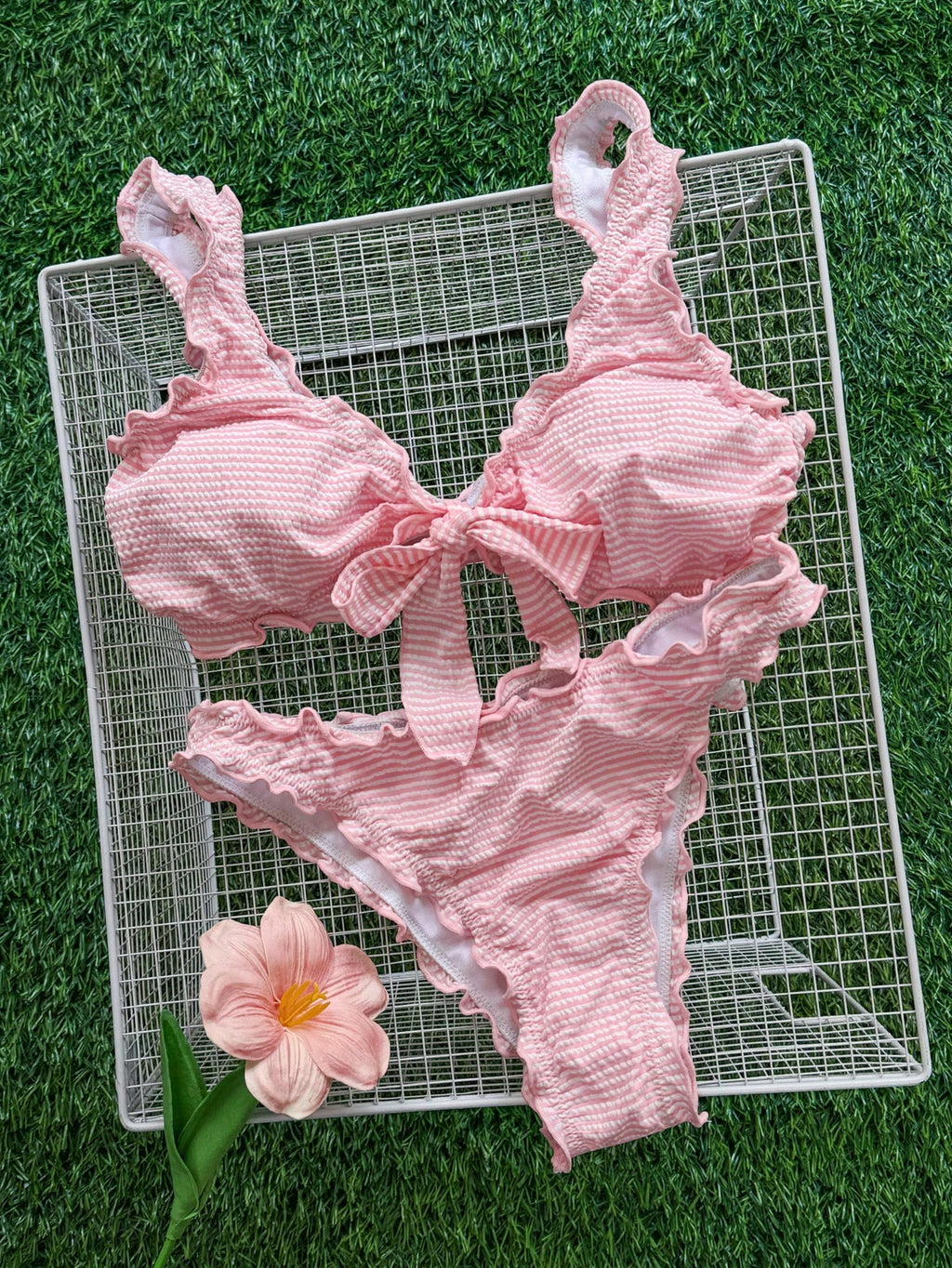 Swim Mod Solid Color Pink Ruffle Trim Tie-Up Bikini Set, Sweet Ruffled Thermal Spring Resort Swimwear For - image 2