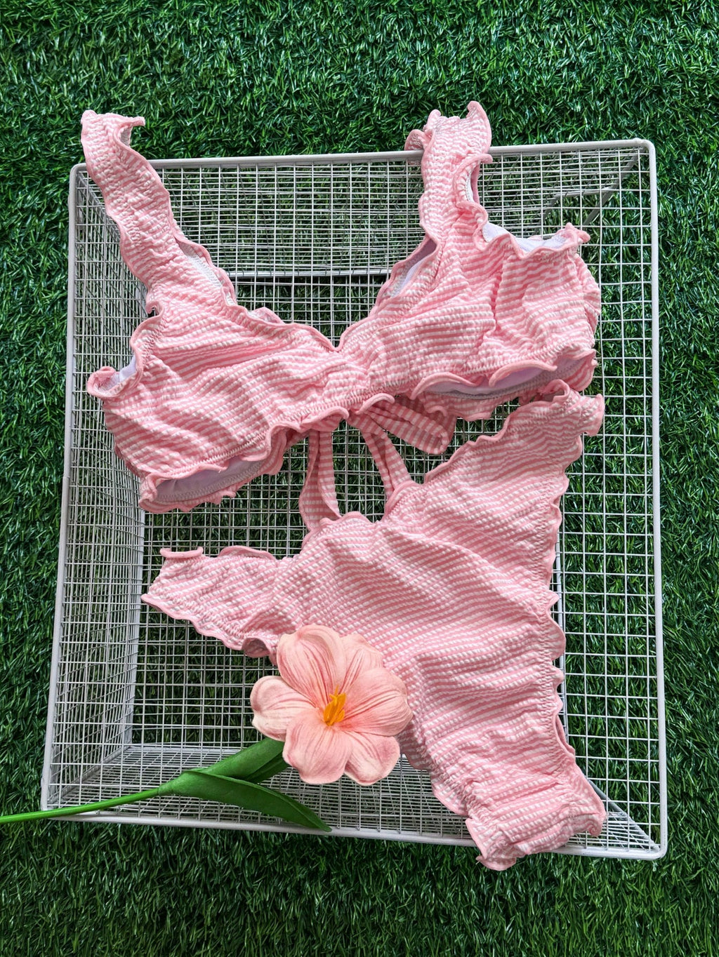 Swim Mod Minimalist Sexy Style Pink Ruffle Trim Tie-Front Two-Piece