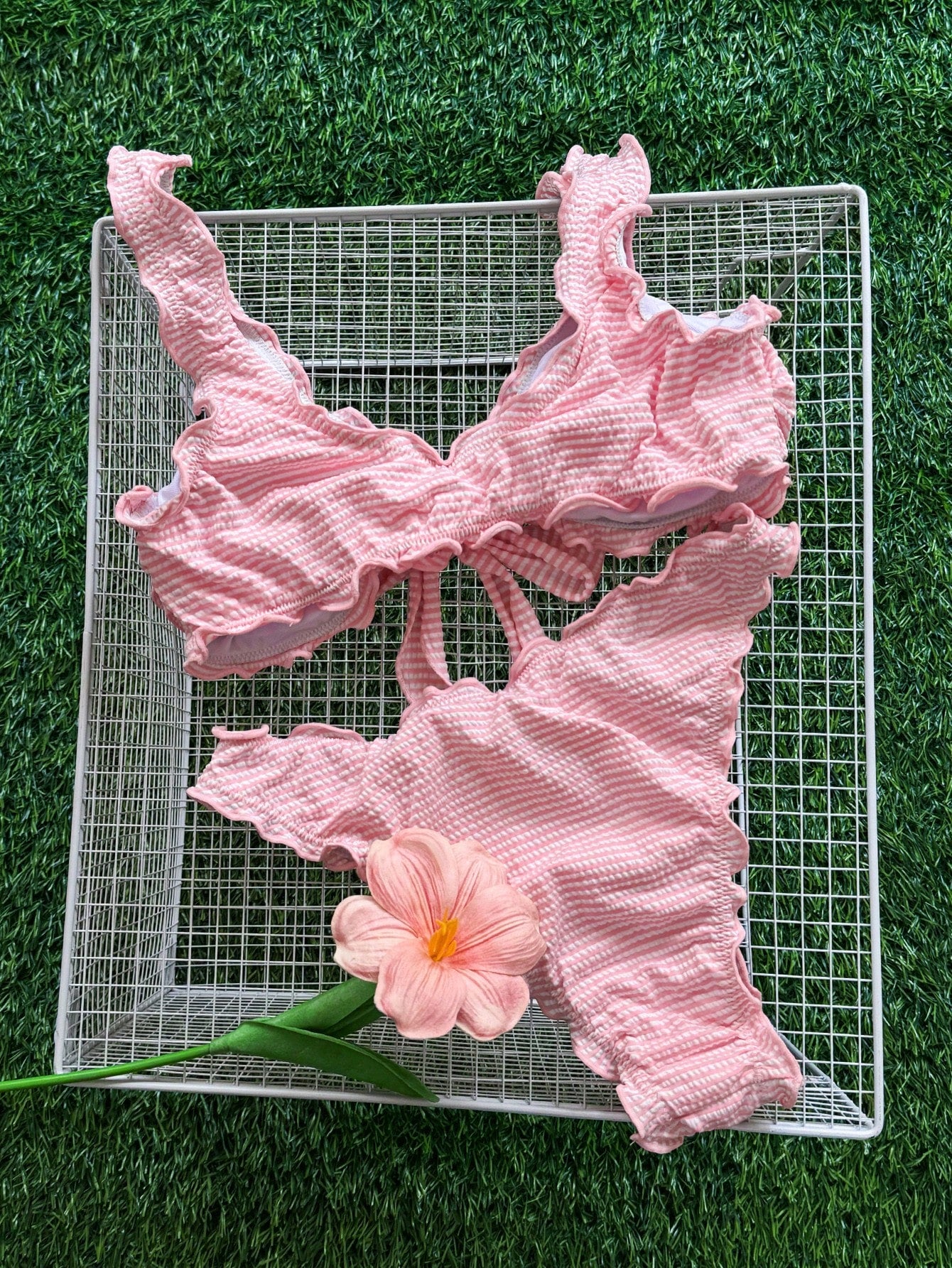 Swim Mod Minimalist Sexy Style Pink Ruffle Trim Tie-Front Two-Piece