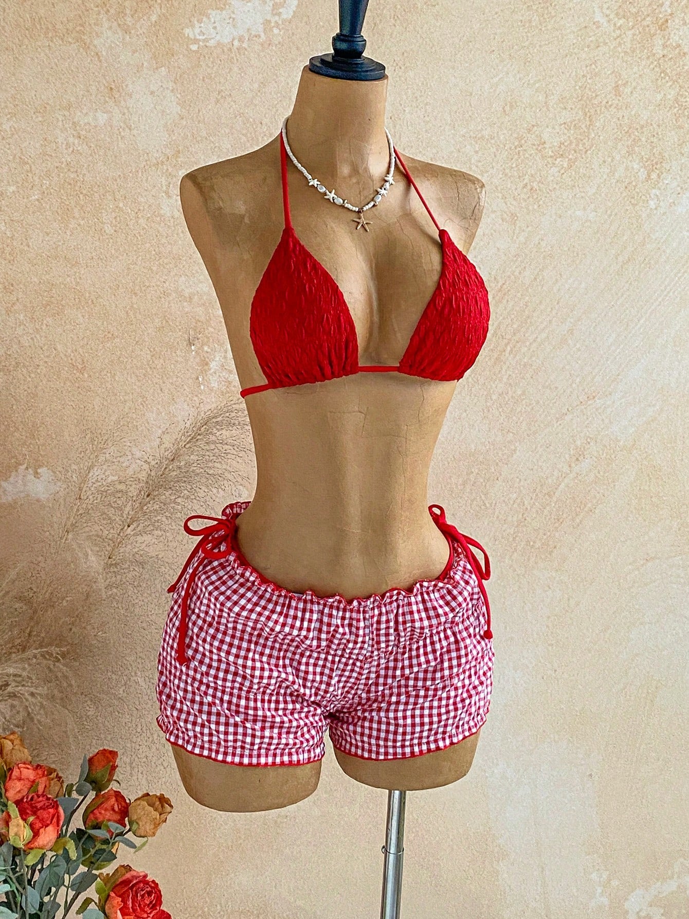 Soleia Women's Summer Vacation Beach Textured Halter Bikini Set And Plaid Shorts - image 5
