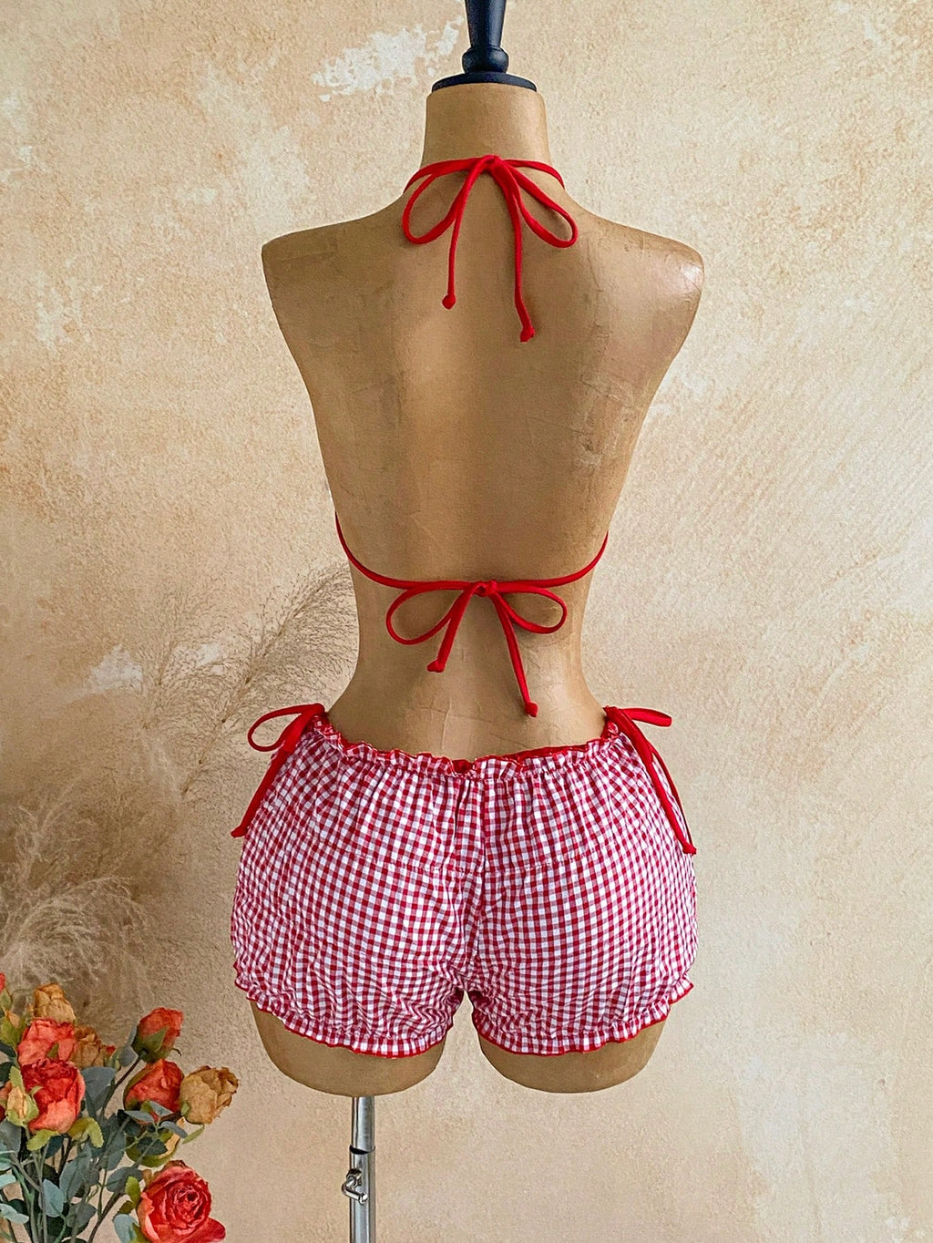 Soleia Women's Summer Vacation Beach Textured Halter Bikini Set And Plaid Shorts - image 6