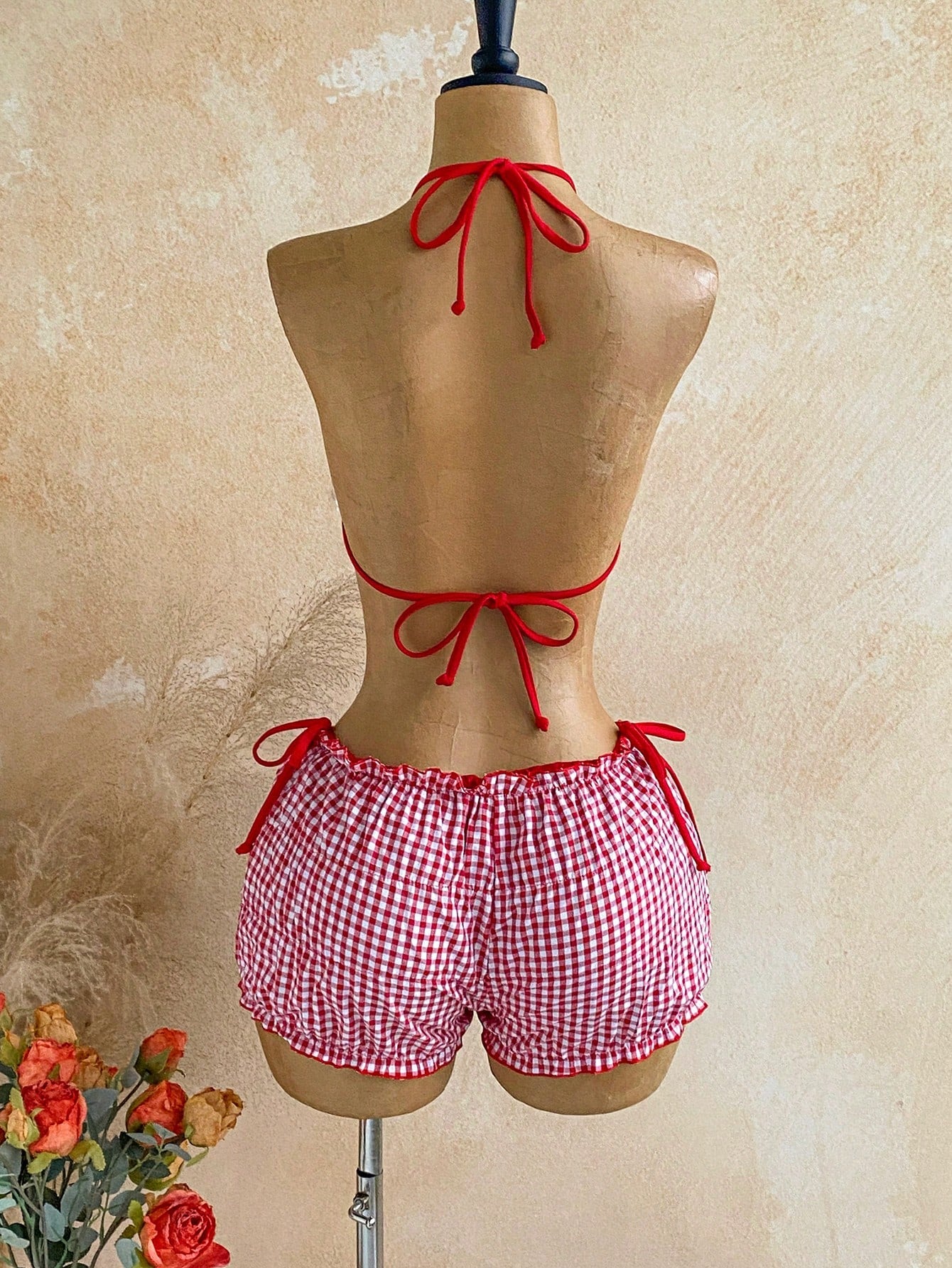 Soleia Women's Summer Vacation Beach Textured Halter Bikini Set And Plaid Shorts - image 6