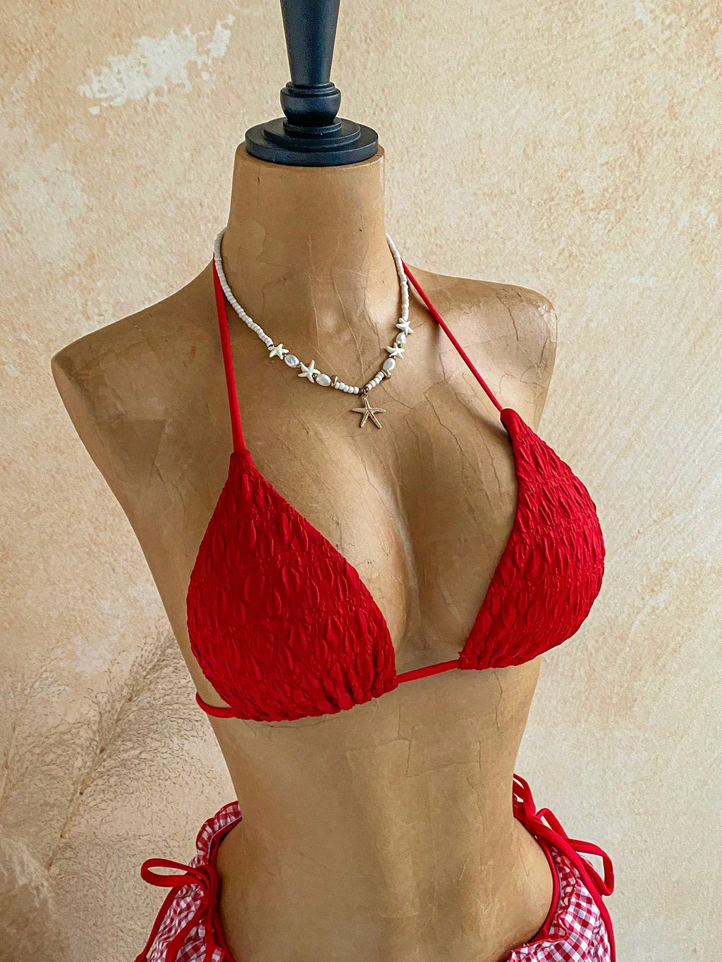 Soleia Women's Summer Vacation Beach Textured Halter Bikini Set And Plaid Shorts - image 7