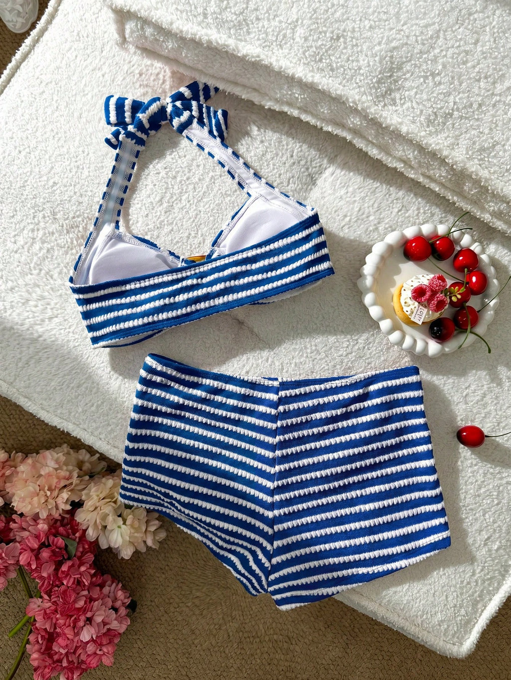 Swim Mod Women's Cute Vacation Pink Striped Halter Neck Swimsuit Set