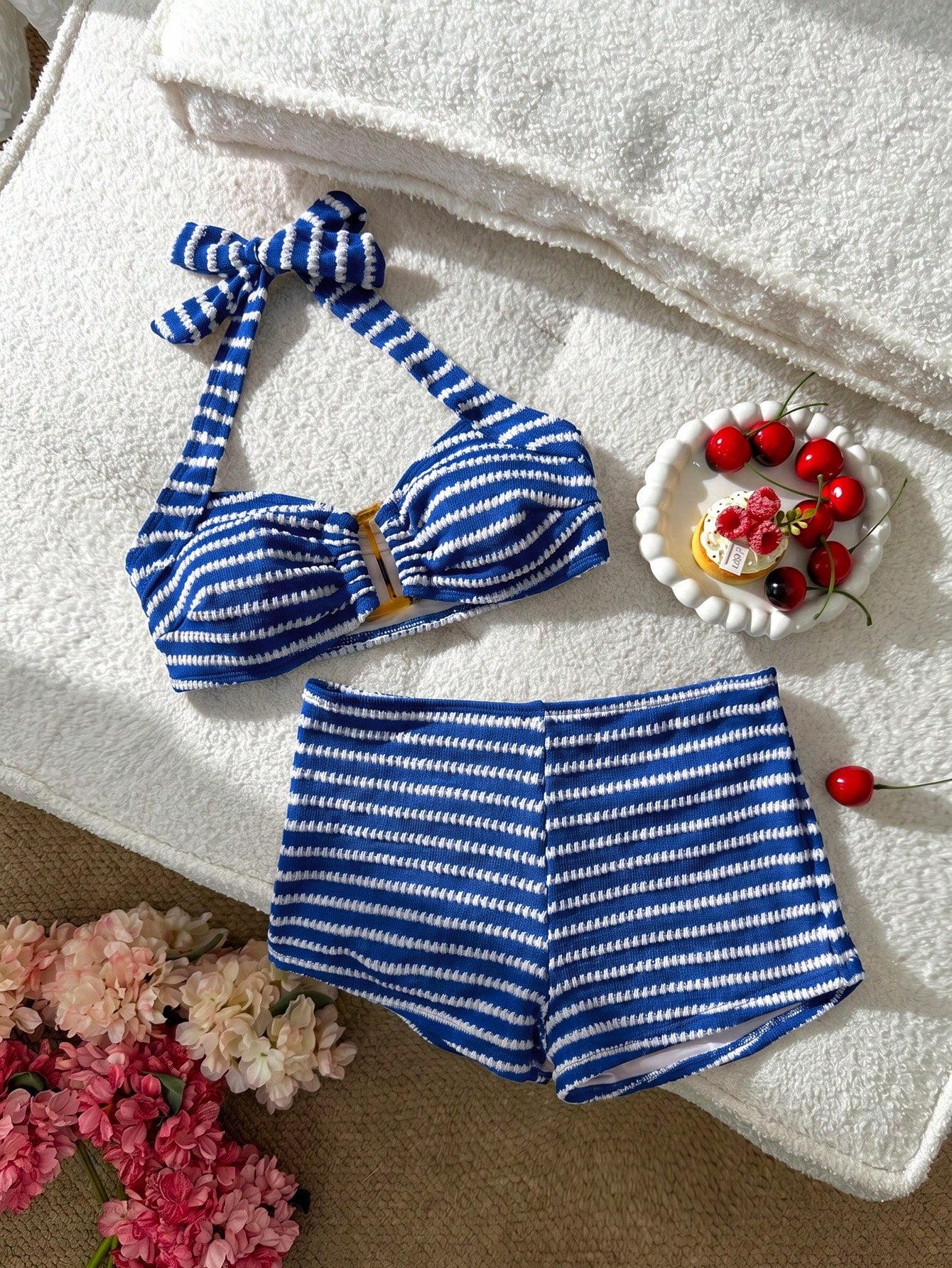 Swim Mod Women's Cute Vacation Pink Striped Halter Neck Swimsuit Set