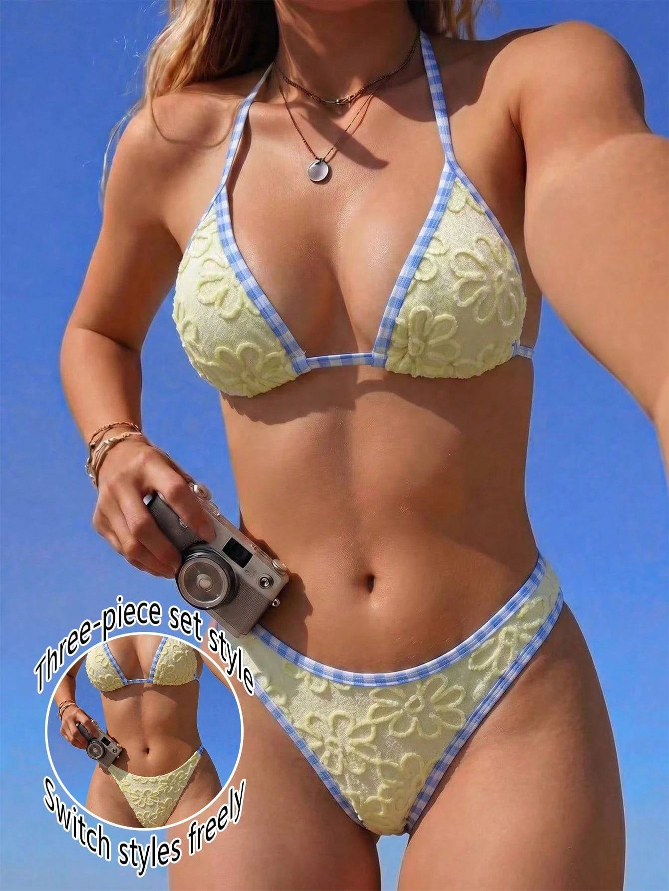 Elavelle 3pcs Solid Color Bikini Set, Women Swimwear For Spa Resort