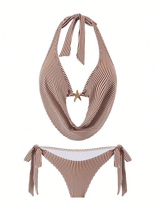 Bonvoyette Elegant Striped Special Fabric Plunging Neckline Swimwear Top With Tie Side Triangle Bottoms 2 - image 2