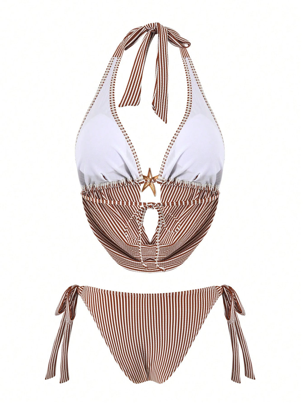 Bonvoyette Elegant Striped Special Fabric Plunging Neckline Swimwear