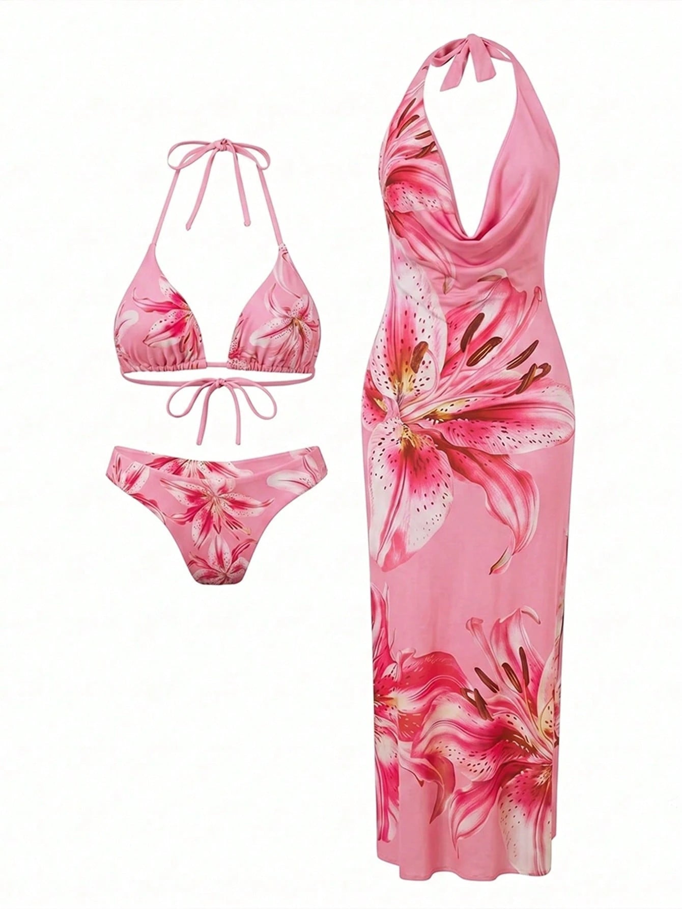 Sirith 3pcs/Set Premium Printed Spaghetti Strap Halter Bikini Top, V-Cut Bottoms & Long Flowy Printed Mesh - image 2
