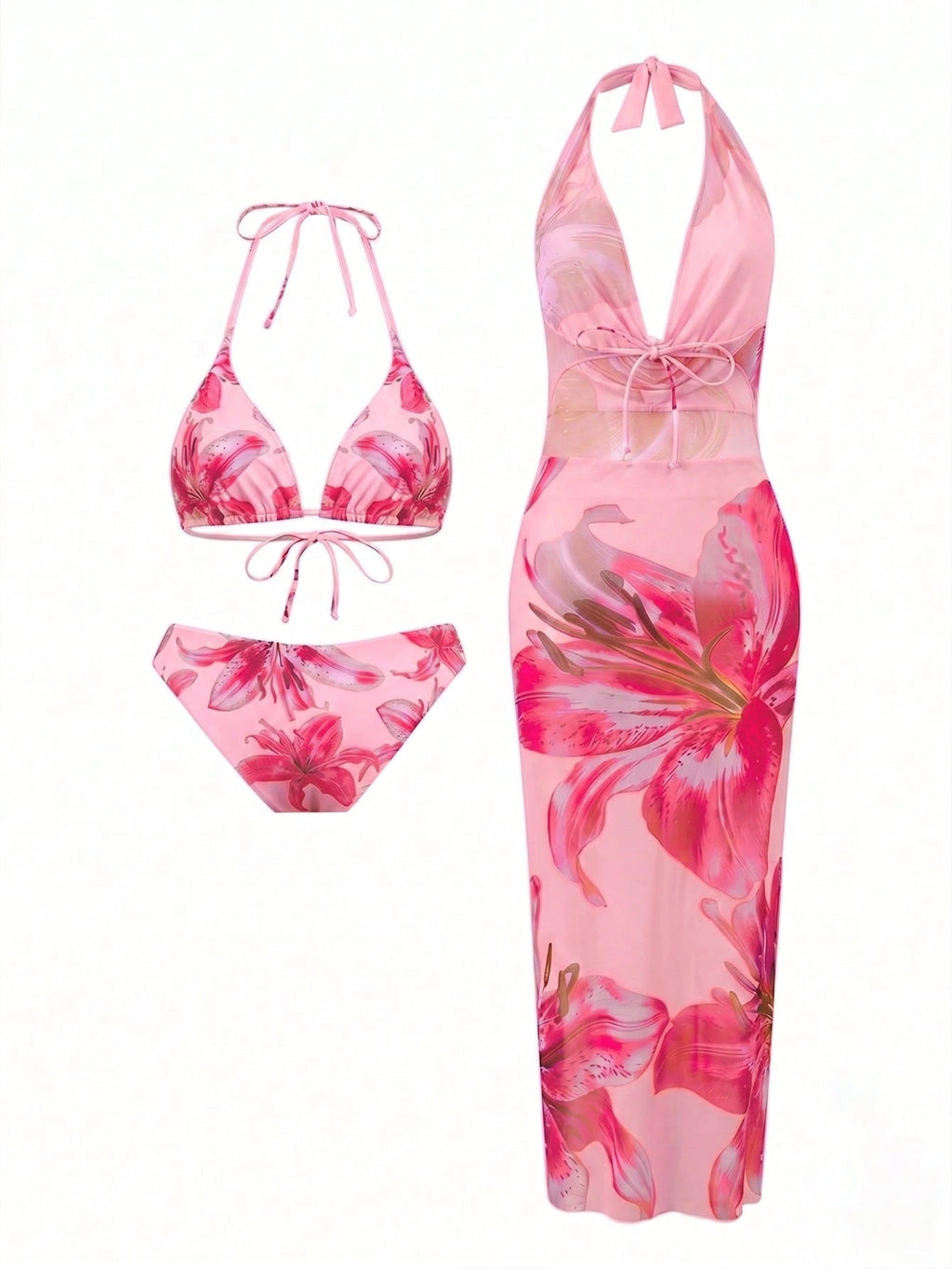 Sirith 3pcs/Set Premium Printed Spaghetti Strap Halter Bikini Top, V-Cut Bottoms & Long Flowy Printed Mesh - image 4