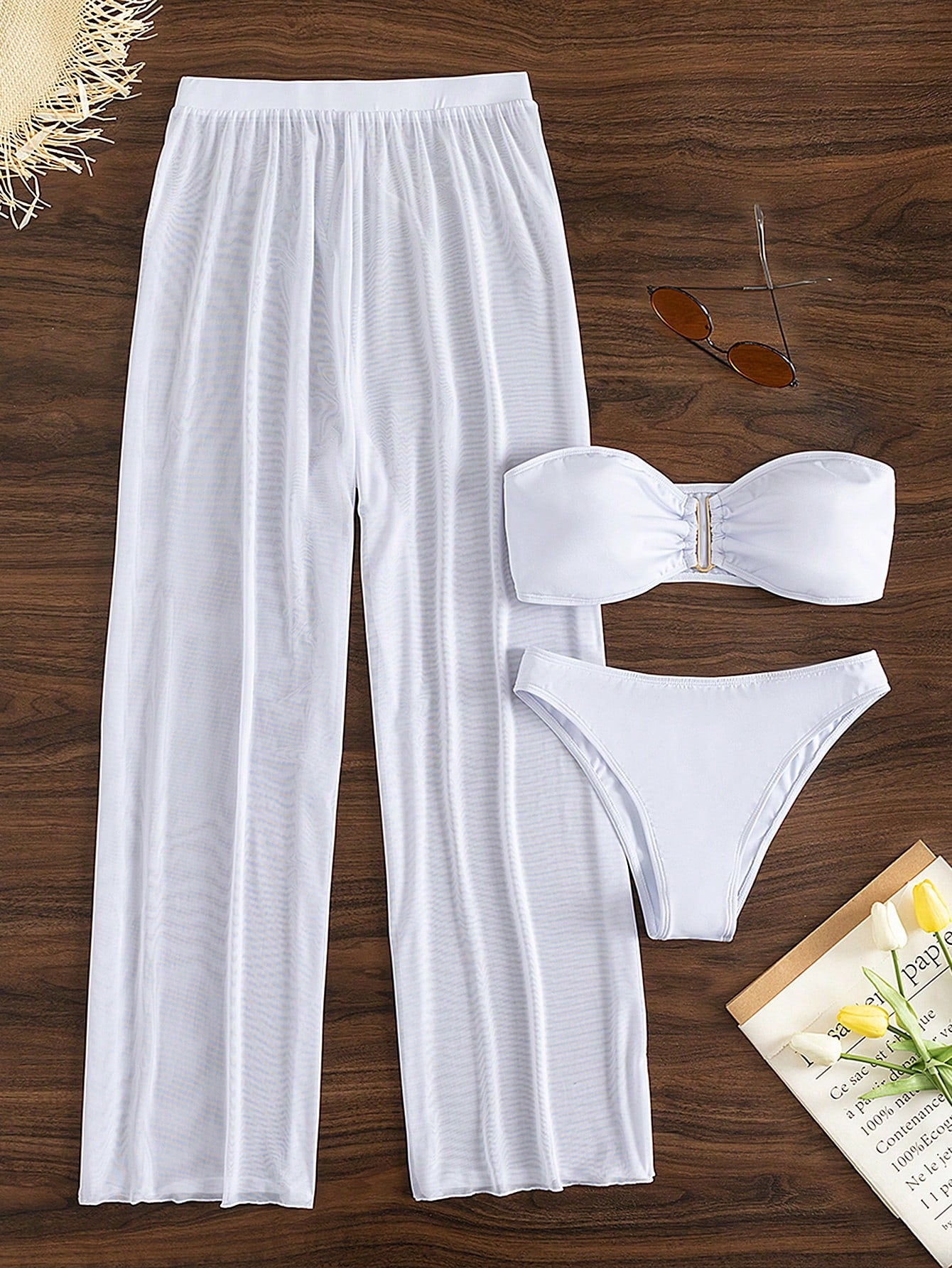 Costavie 3pcs/Set New Yellow Bandeau Top, Triangle Bottoms, And Mesh Beach Pants