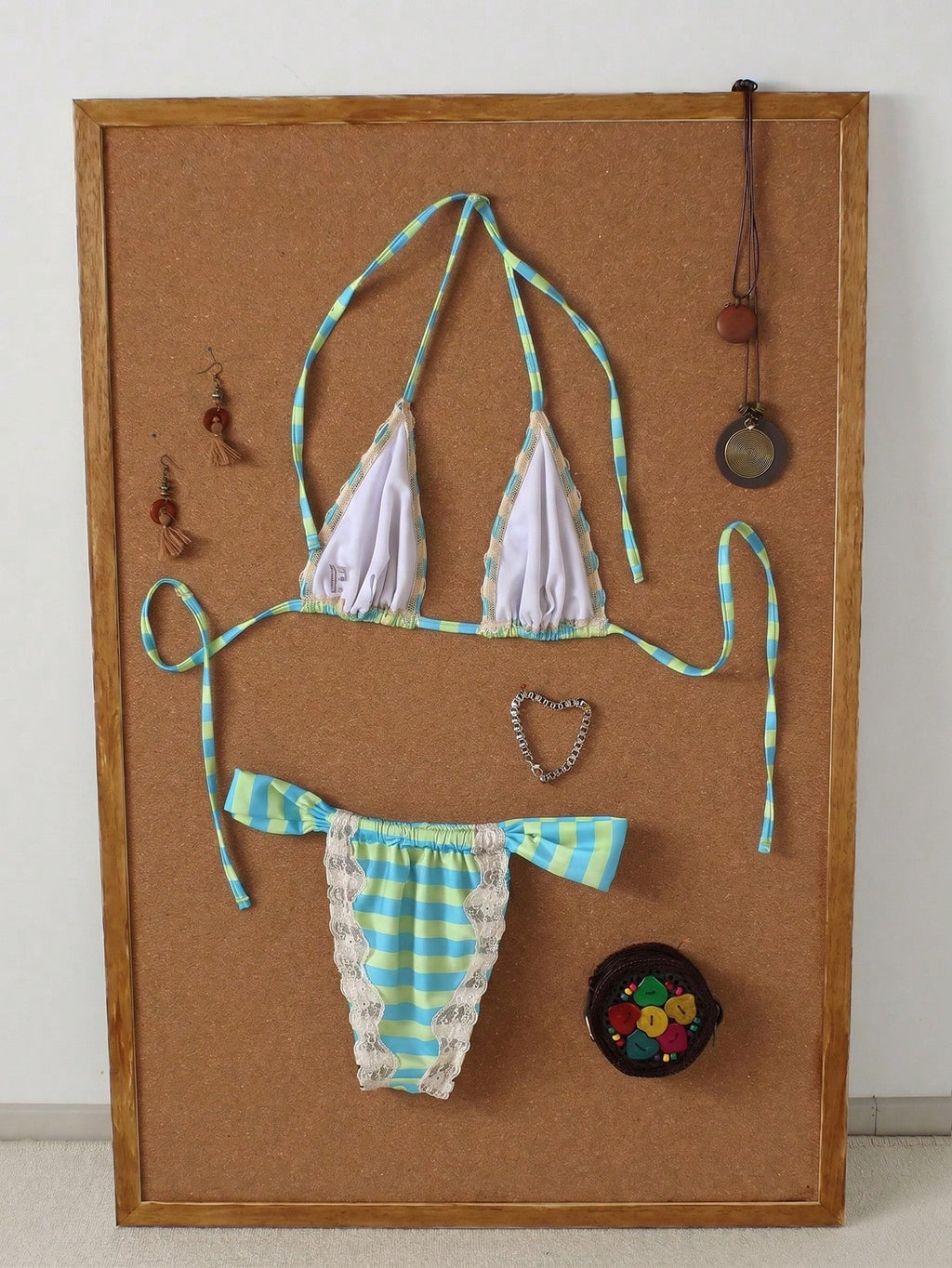 Women's Brown & White Striped Lace Trim Halter Neck Bikini Set,