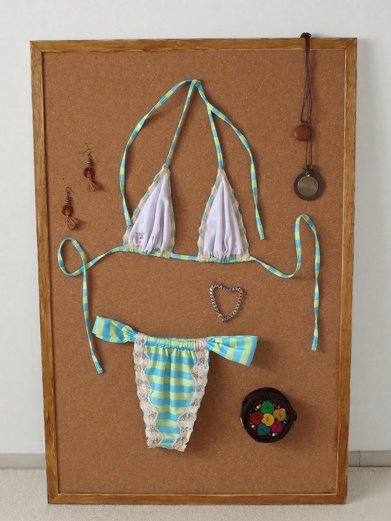 Women's Brown & White Striped Lace Trim Halter Neck Bikini Set,