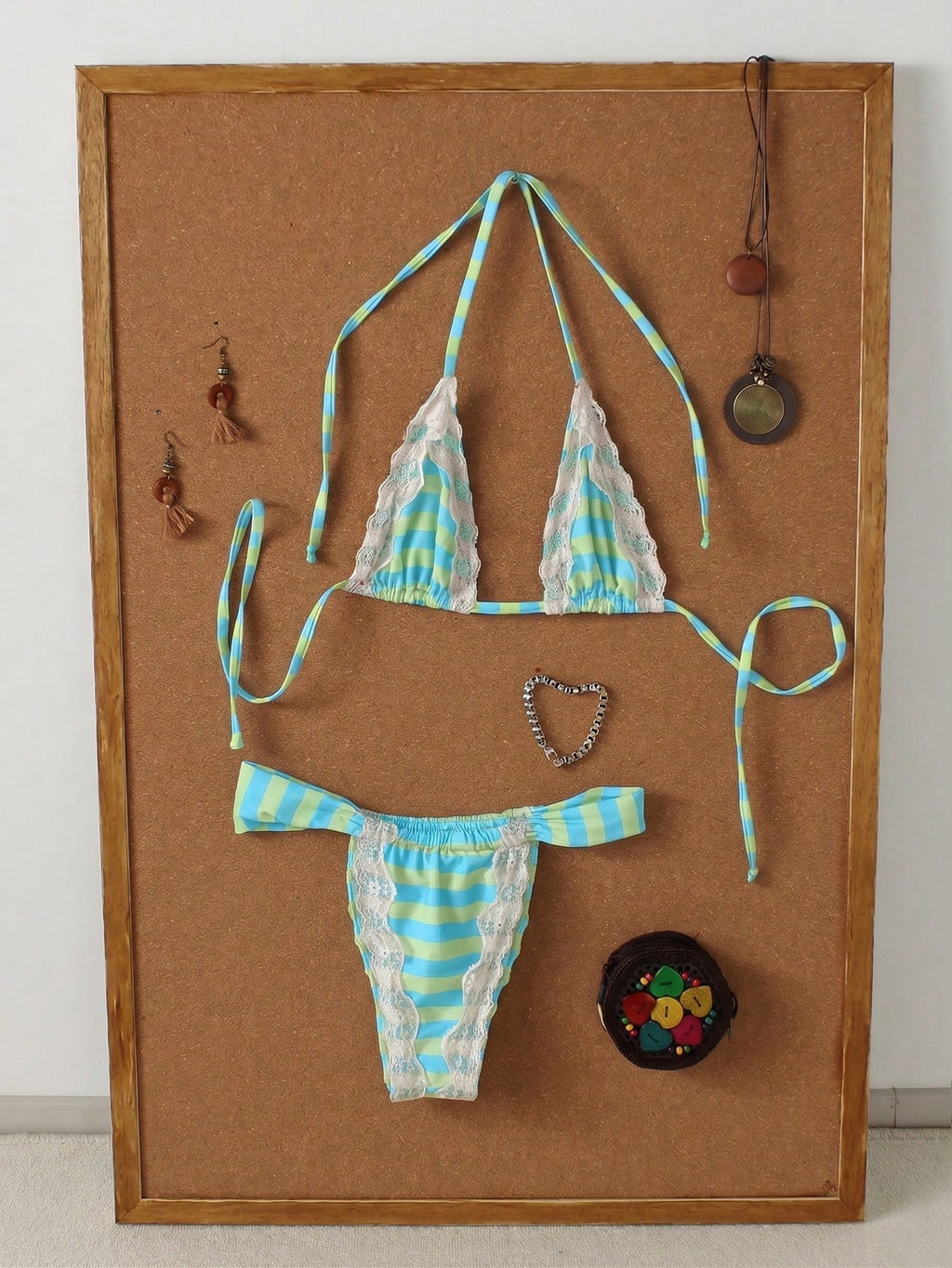 Women's Brown & White Striped Lace Trim Halter Neck Bikini Set,