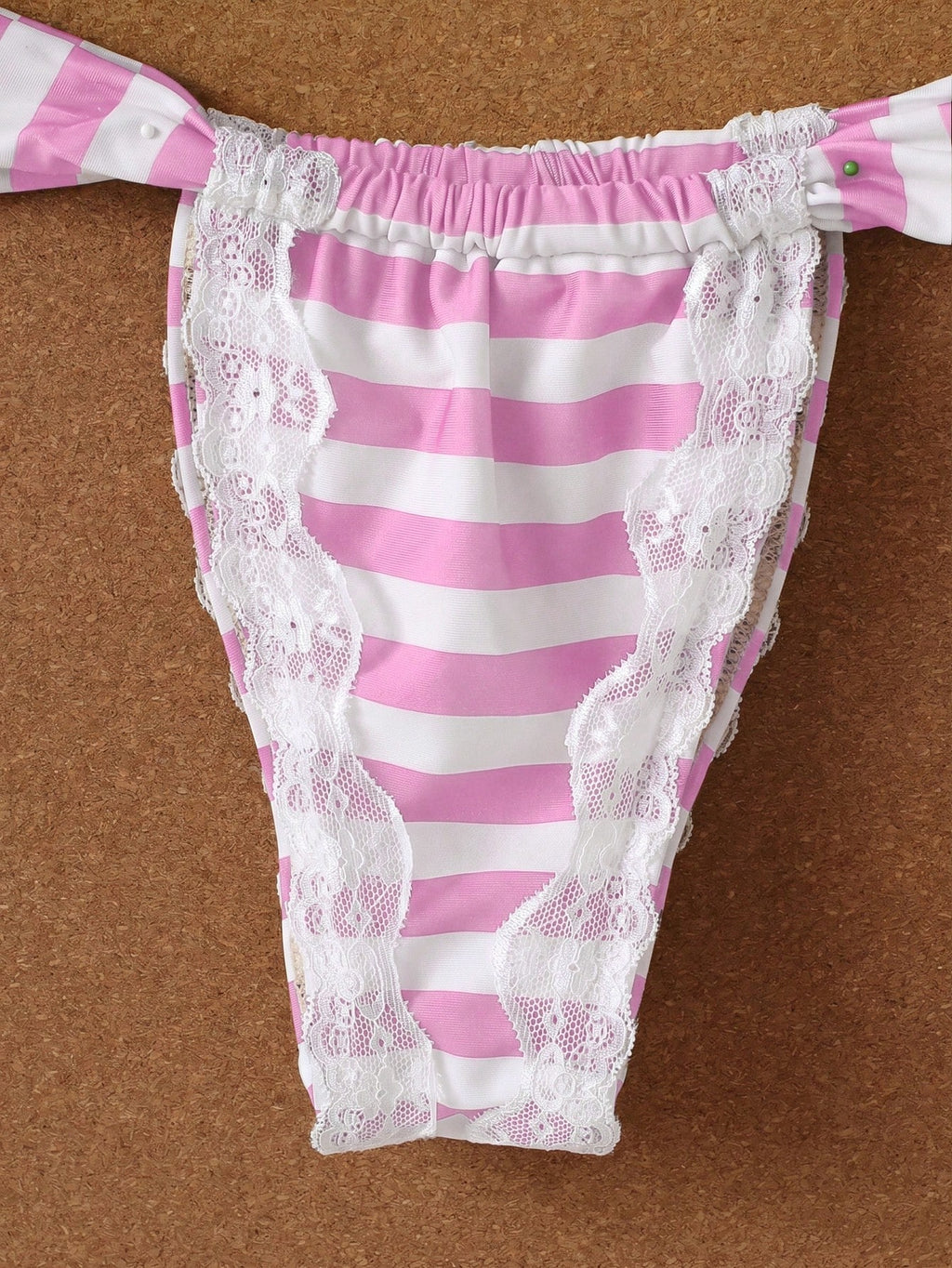 Women's Brown & White Striped Lace Trim Halter Neck Bikini Set,