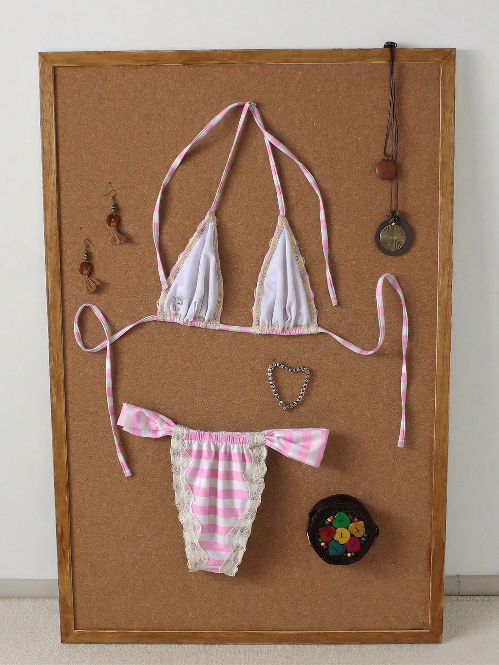 Women's Brown & White Striped Lace Trim Halter Neck Bikini Set,