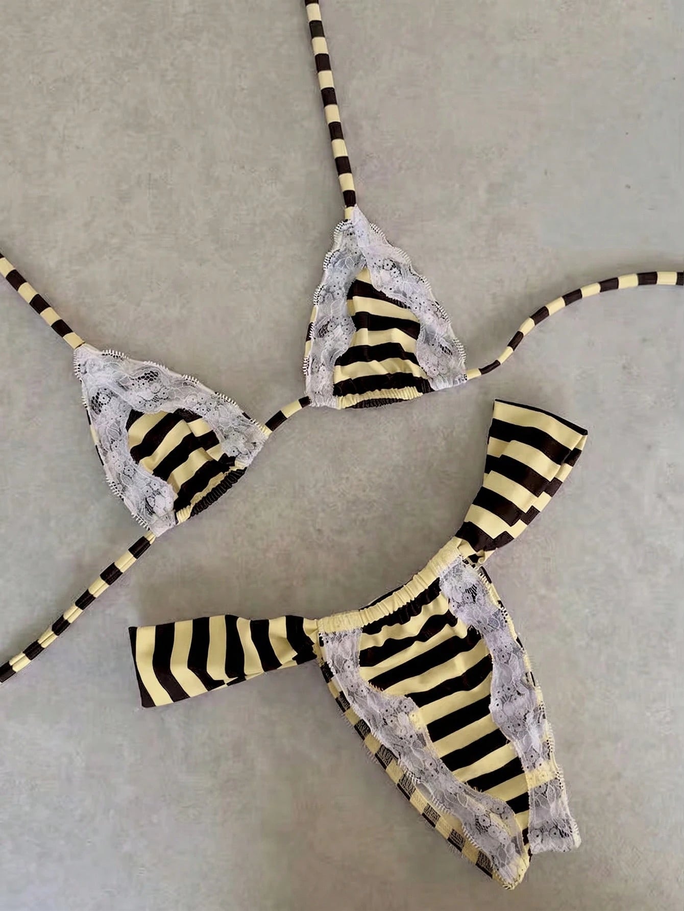 Women's Brown & White Striped Lace Trim Halter Neck Bikini Set,