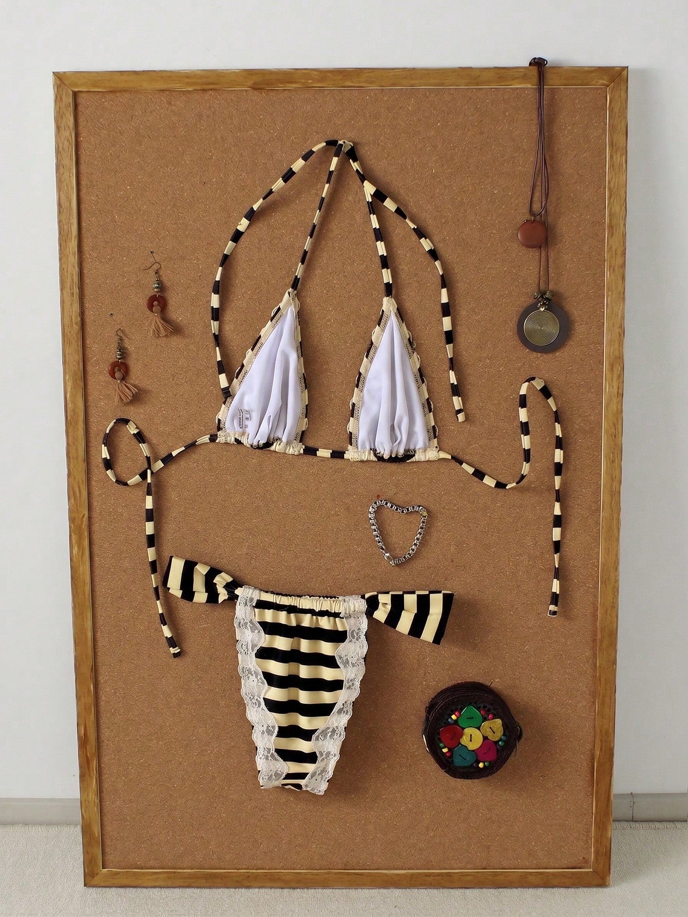 Women's Brown & White Striped Lace Trim Halter Neck Bikini Set,