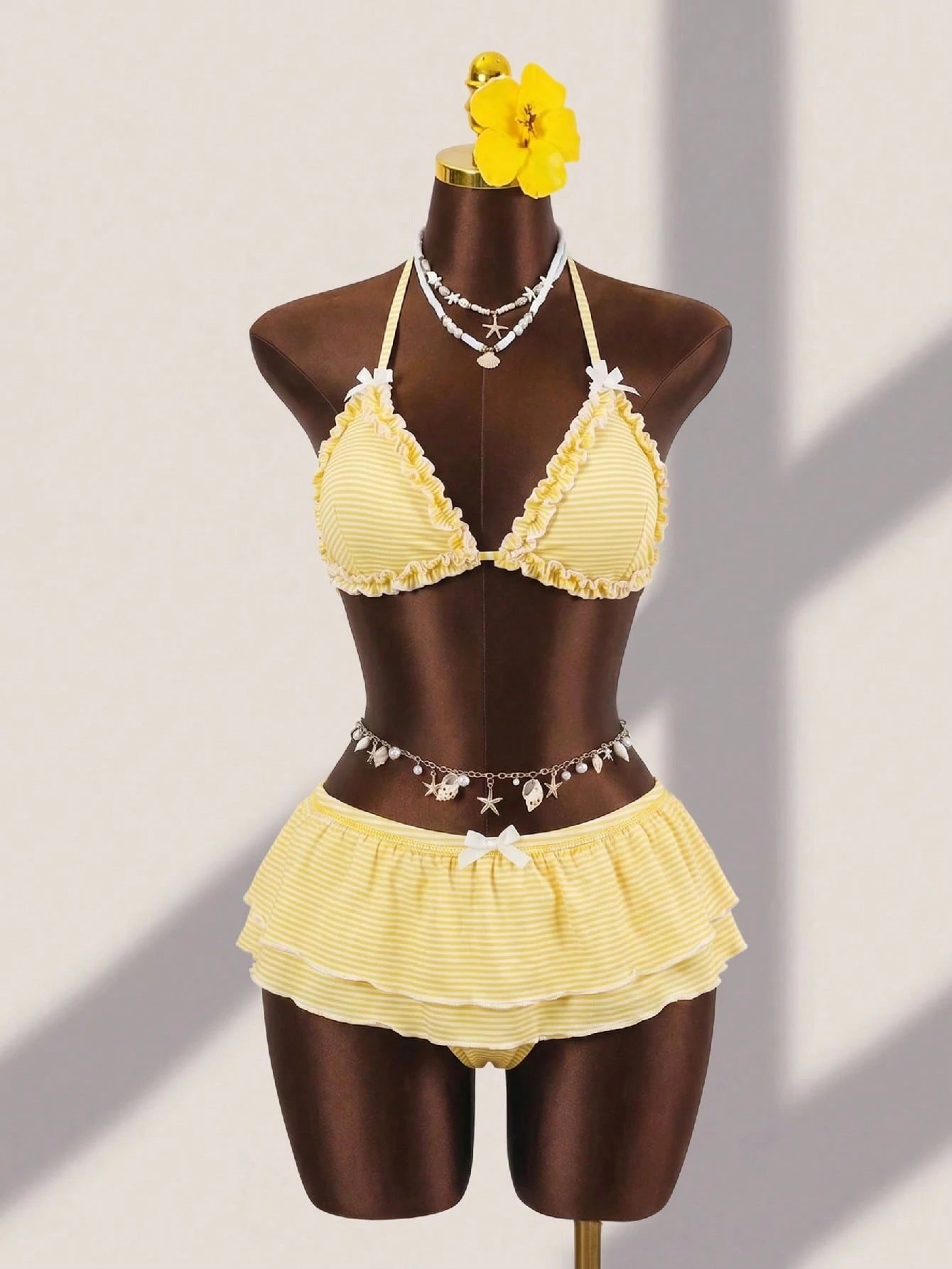 Swim Mod Women's Blue And White Striped Bikini Set,Cute Ruffle Bow