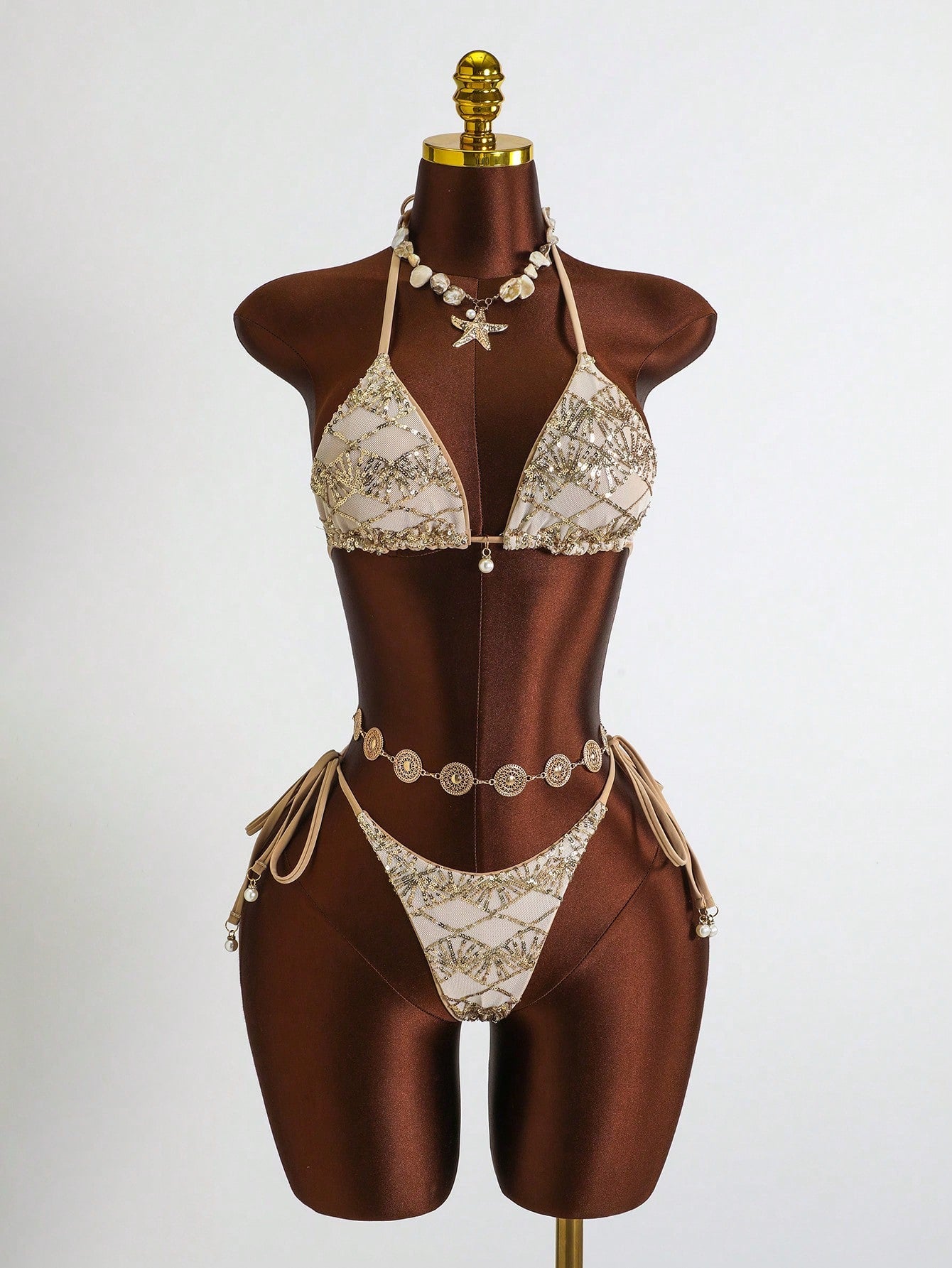 Swim Mod Off-White 3-Piece Set,Women Floral Textured Halter Triangle Bikini Top,