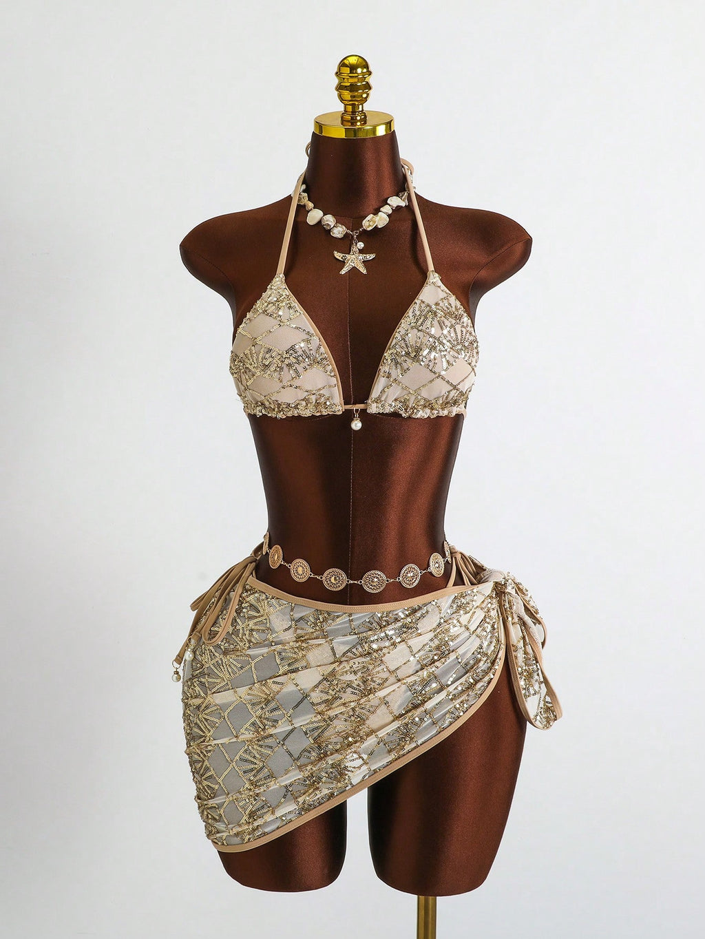Swim Mod Off-White 3-Piece Set,Women Floral Textured Halter Triangle Bikini Top,