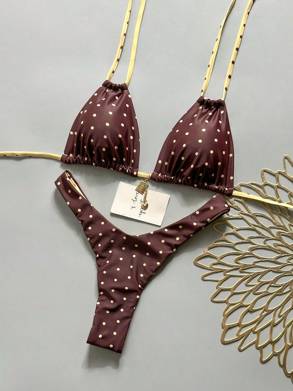 Swim Basics Women Summer Random Floral Print Halter Metal Decor Sexy Bikini Set