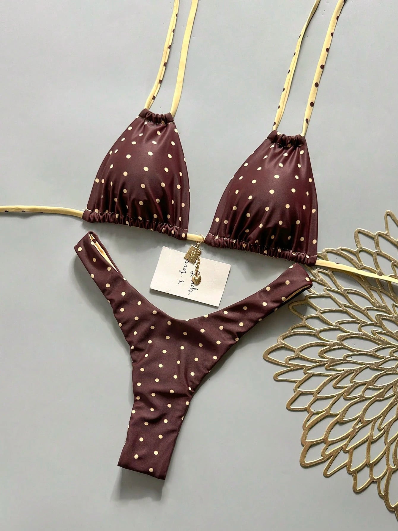 Swim Basics Women Summer Random Floral Print Halter Metal Decor Sexy Bikini Set
