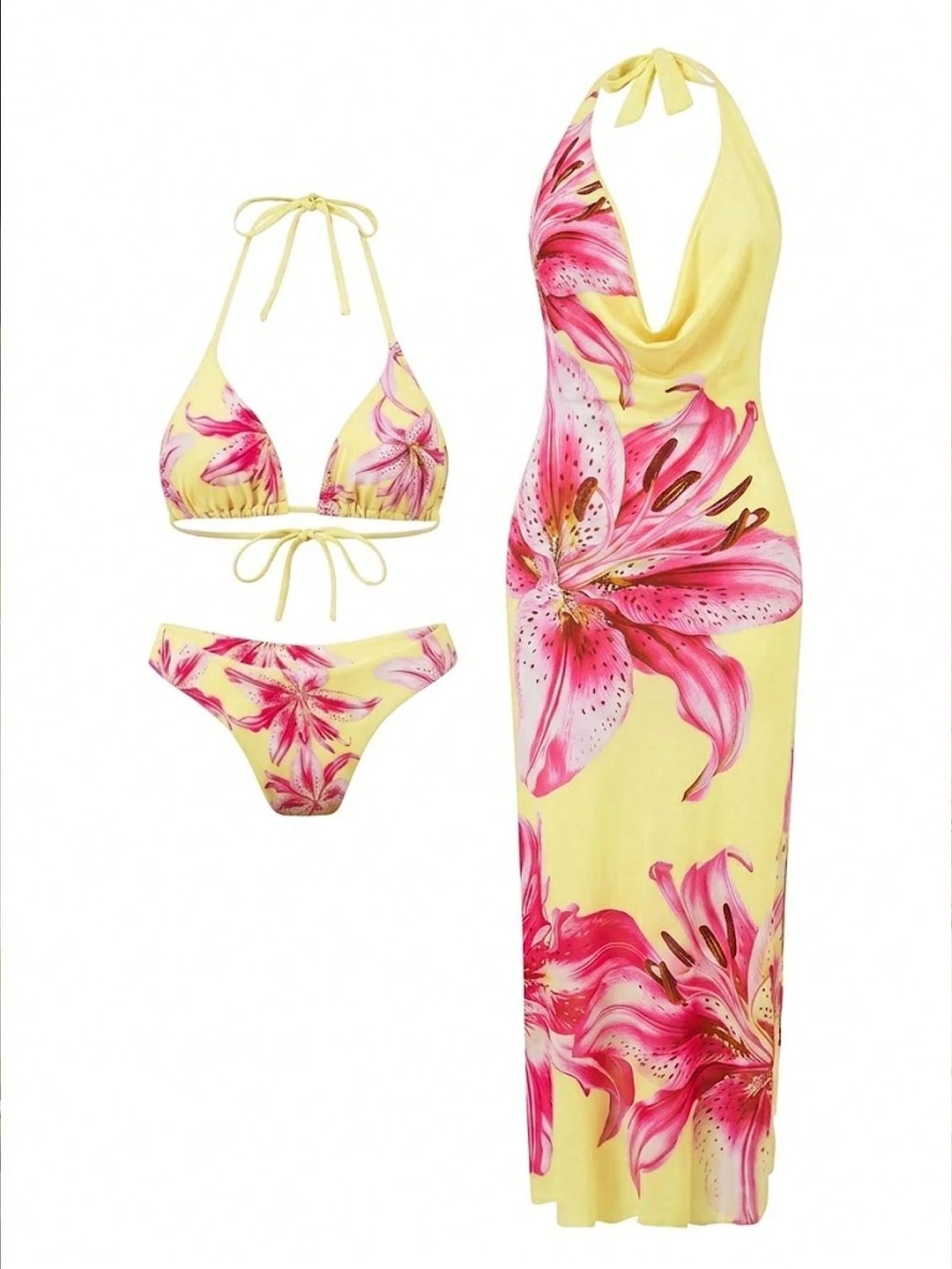 Sirith 3pcs/Set Premium Printed Spaghetti Strap Halter Bikini Top, V-Cut Bottoms & Long Flowy Printed Mesh - image 20