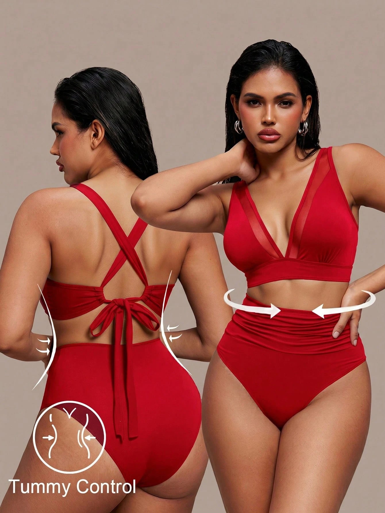 Shapewave 2pcs Women Red Bikini Set,Summer Mesh Patchwork Wireless V-Neck Criss-Cross Strap Open Back,High - image 7