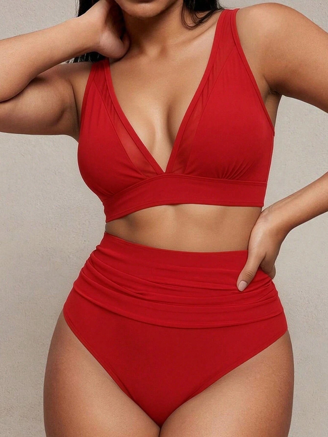 Shapewave 2pcs Women Red Bikini Set,Summer Mesh Patchwork Wireless V-Neck Criss-Cross Strap Open Back,High - image 9