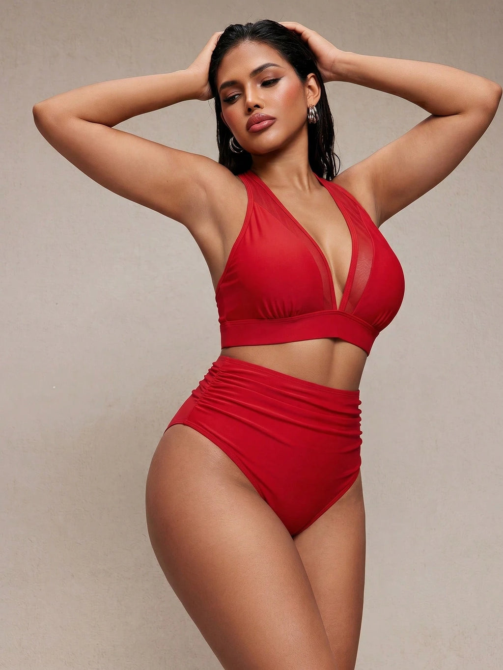 Shapewave 2pcs Women Red Bikini Set,Summer Mesh Patchwork Wireless V-Neck Criss-Cross Strap Open Back,High - image 10
