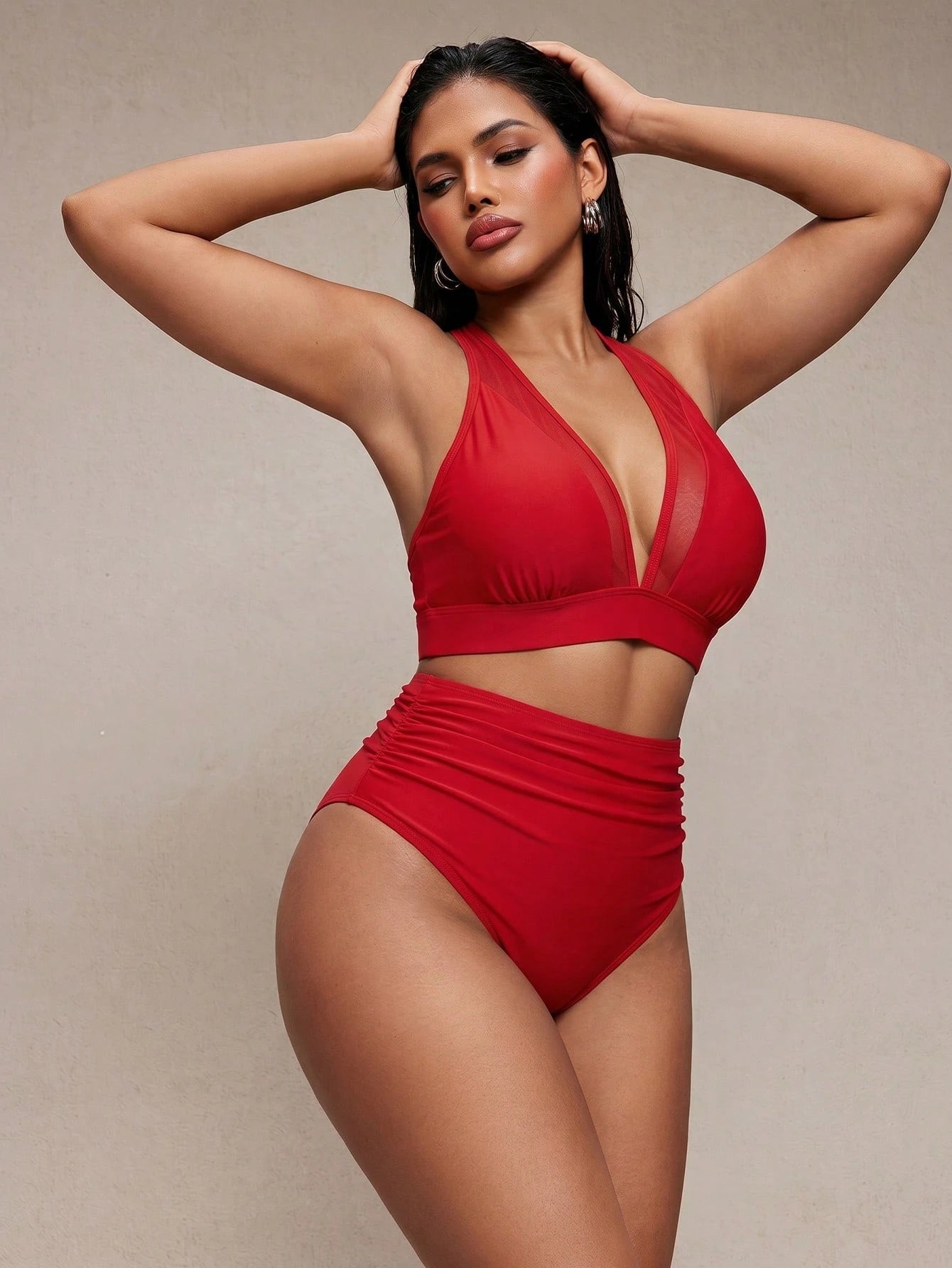 Shapewave 2pcs Women Red Bikini Set,Summer Mesh Patchwork Wireless V-Neck Criss-Cross Strap Open Back,High - image 10