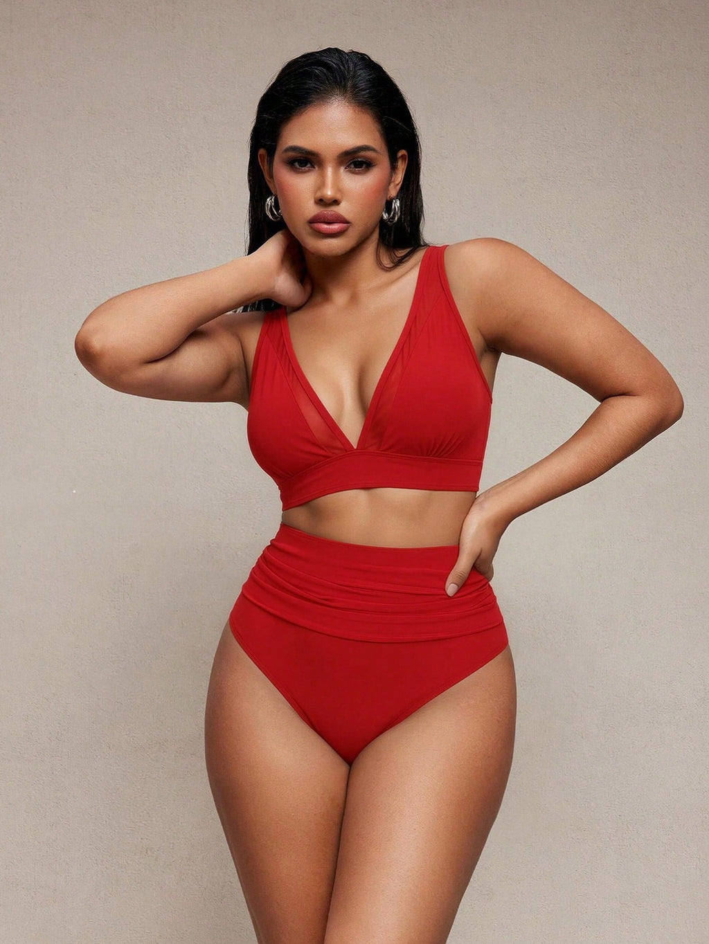 Shapewave 2pcs Women Red Bikini Set,Summer Mesh Patchwork Wireless V-Neck Criss-Cross Strap Open Back,High - image 11
