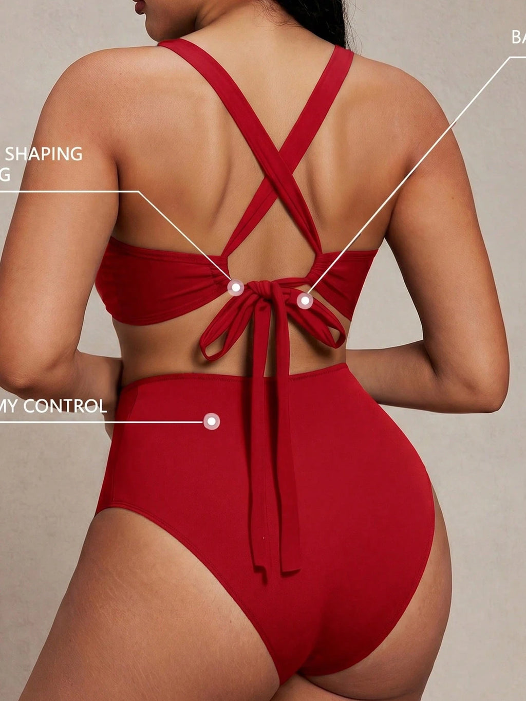 Shapewave 2pcs Women Red Bikini Set,Summer Mesh Patchwork Wireless V-Neck Criss-Cross Strap Open Back,High - image 12