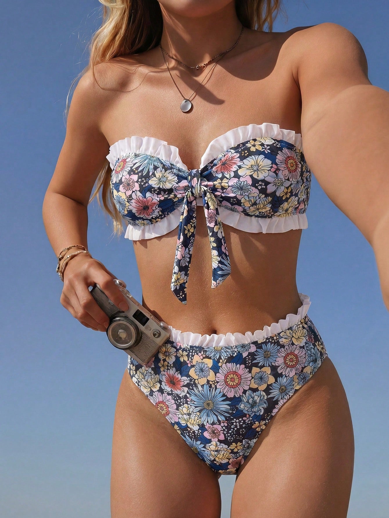 Swim Mod Spring/Summer Beach Vacation Striped Print 2 Pieces Set,