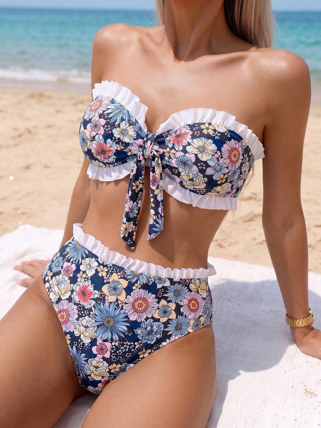 Swim Mod Spring/Summer Beach Vacation Striped Print 2 Pieces Set,