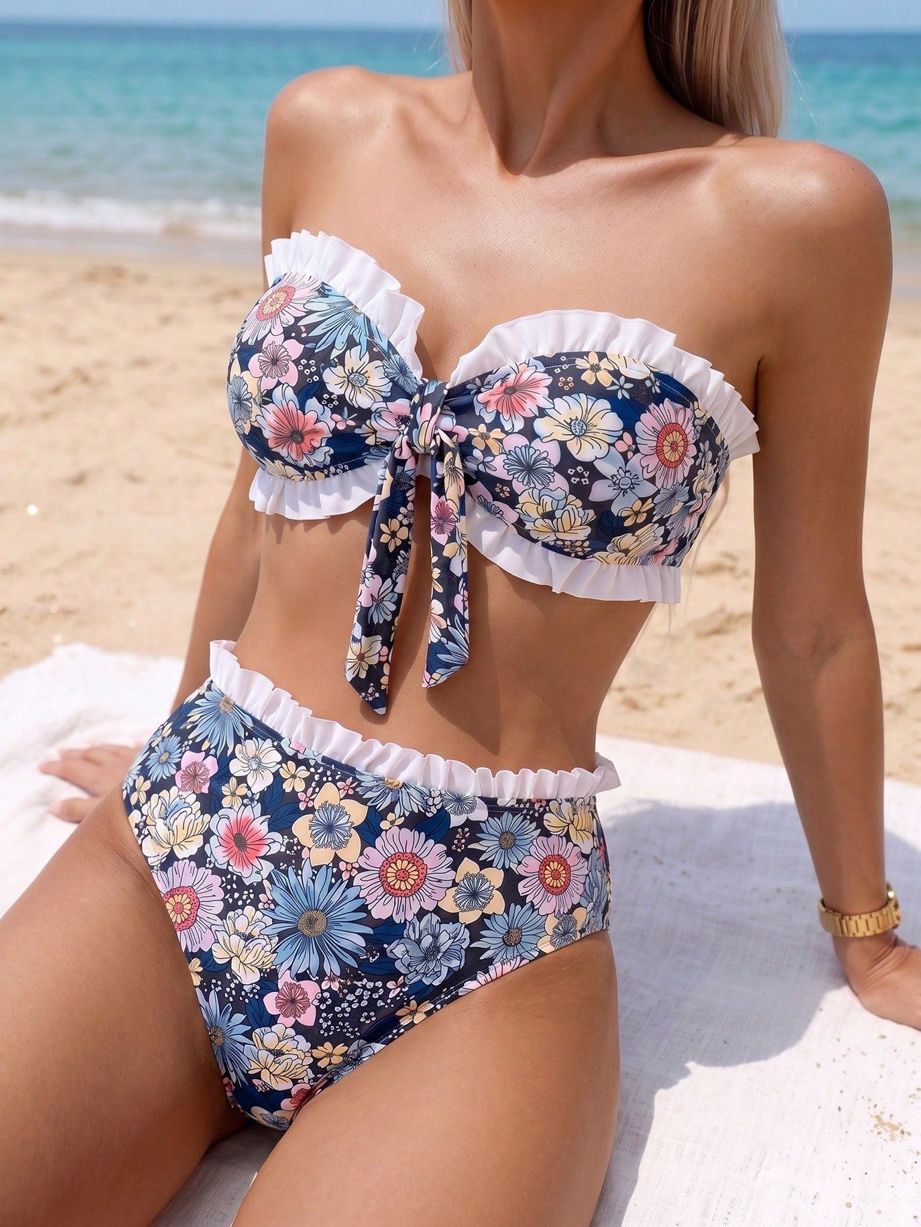 Swim Mod Spring/Summer Beach Vacation Striped Print 2 Pieces Set,