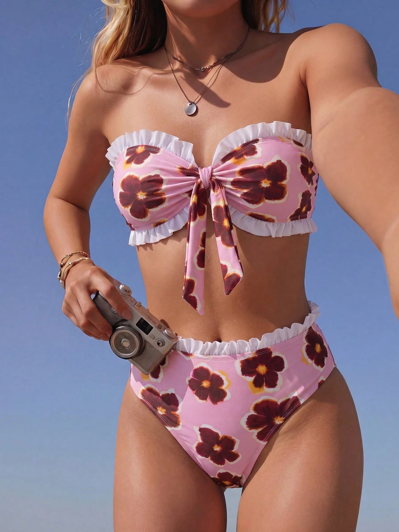 Swim Mod Spring/Summer Beach Vacation Striped Print 2 Pieces Set,