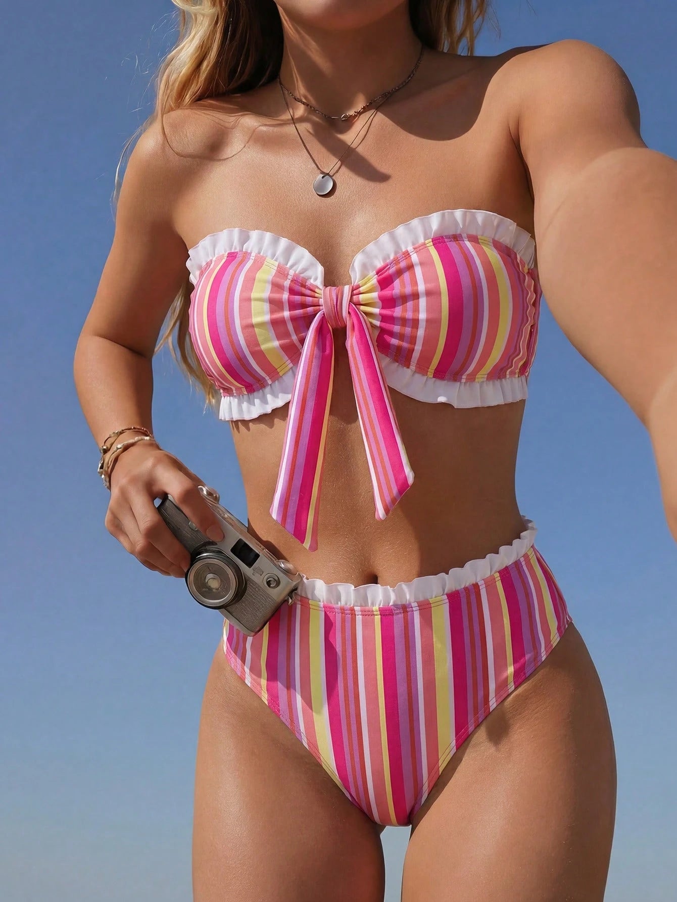 Swim Mod Spring/Summer Beach Vacation Striped Print 2 Pieces Set,