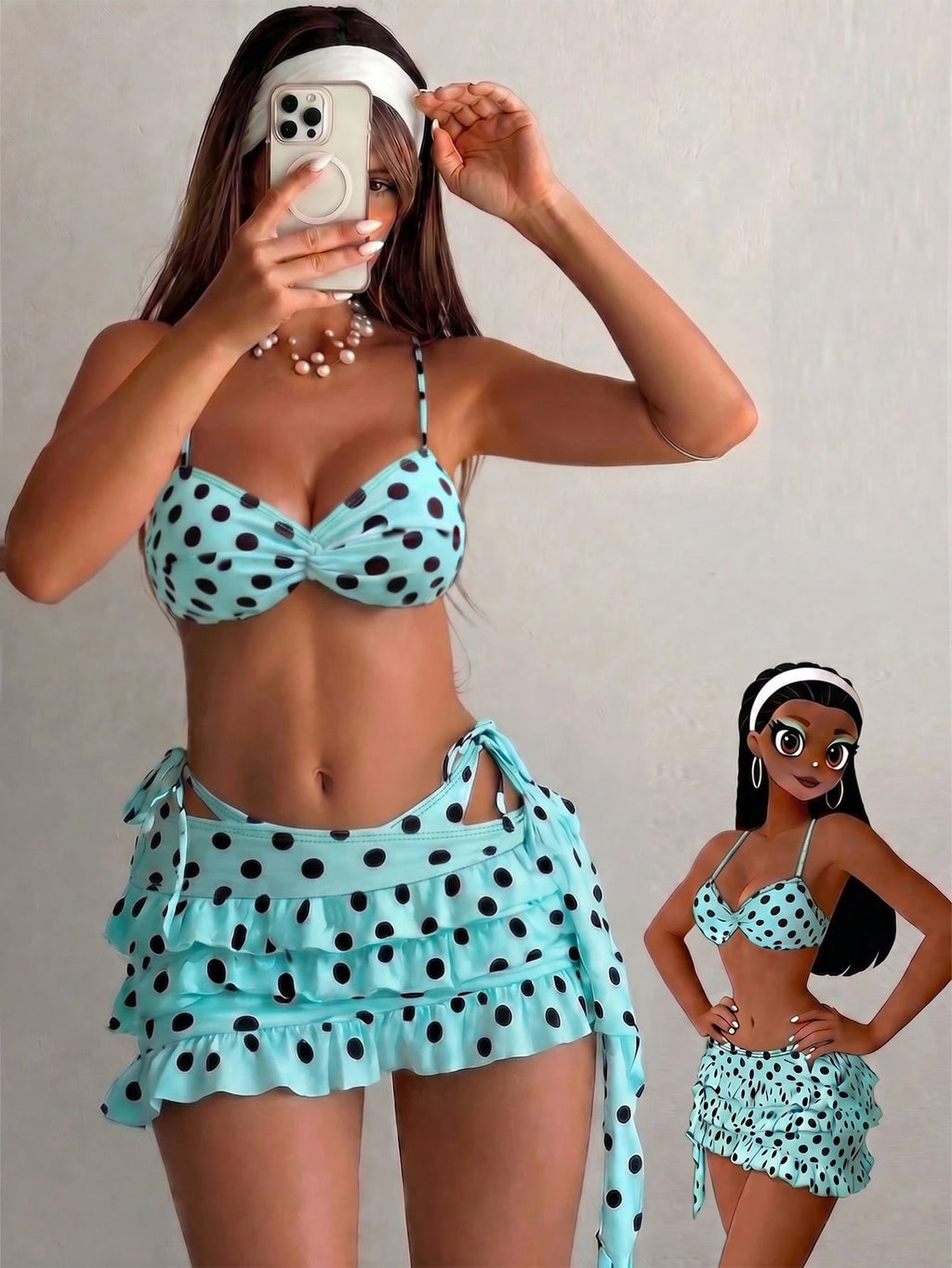Bonvoyette Women's 3 Piece White With Black Polka Dots Bikini Set,Summer 70s Retro Holiday Beach Outfits,Pool - image 4