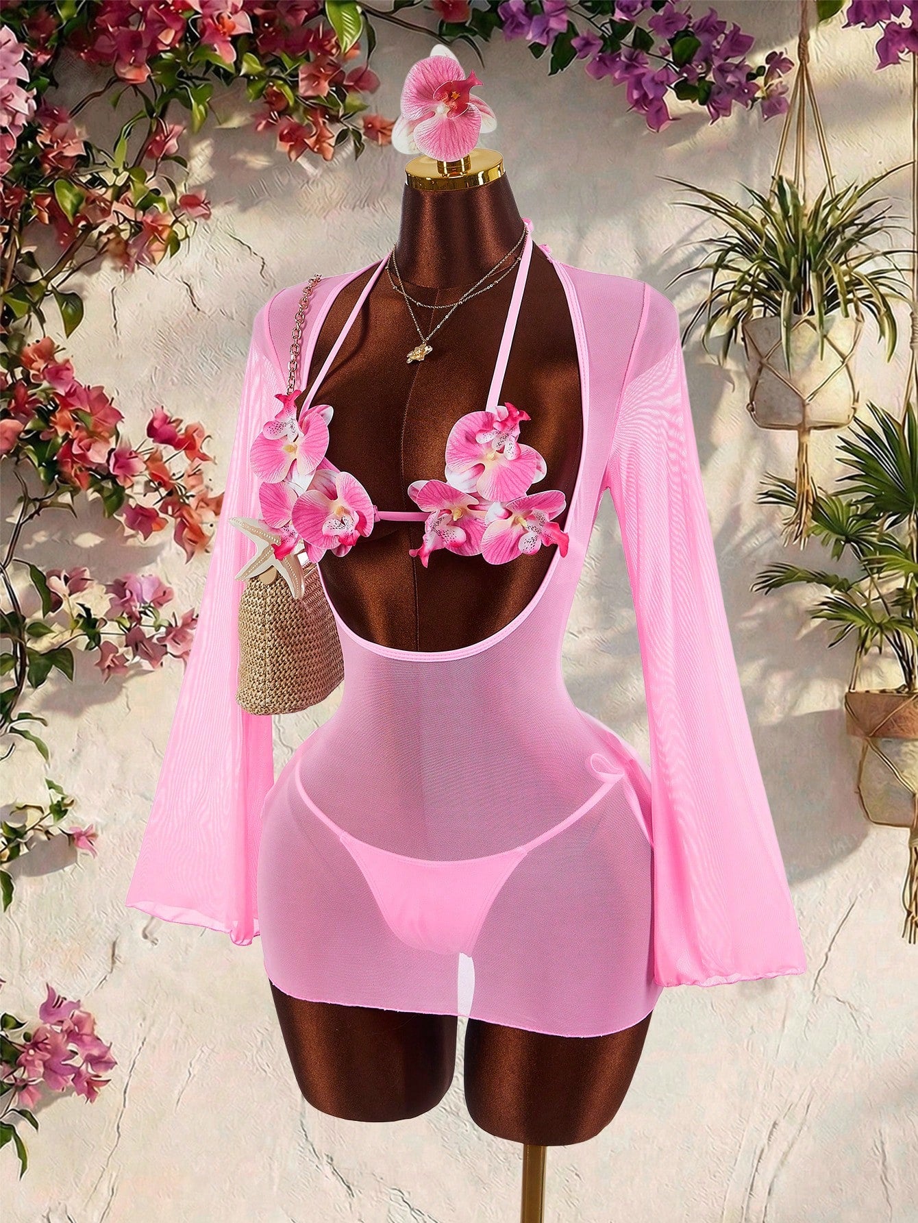 Amplova Women's 3-Piece Swimwear Set With 3D Floral Cups, Pink Paired With Solid Color Lining And Ruffle Hem