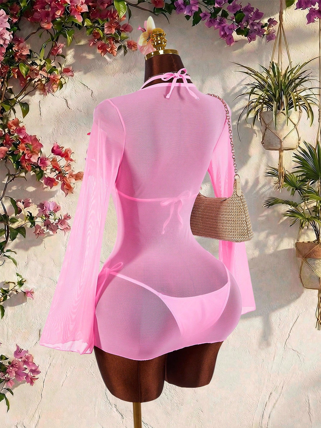 Amplova Women's 3-Piece Swimwear Set With 3D Floral Cups, Pink Paired With Solid Color Lining And Ruffle Hem - image 2