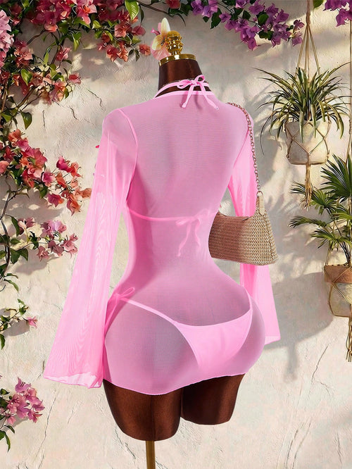 Amplova Women's 3-Piece Swimwear Set With 3D Floral Cups, Pink Paired With Solid Color Lining And Ruffle Hem - image 2