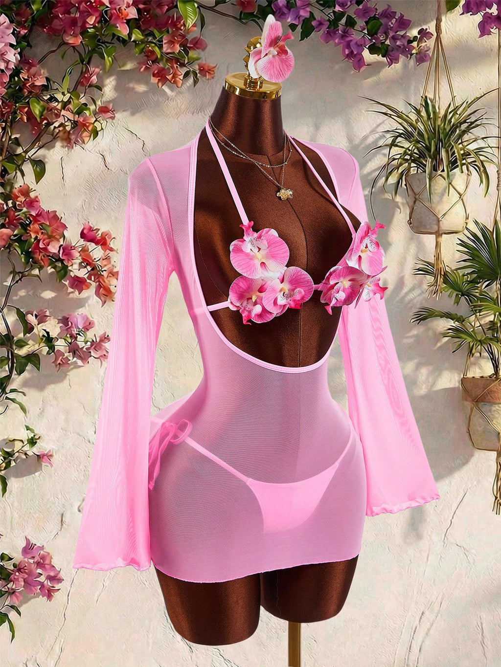 Amplova Women's 3-Piece Swimwear Set With 3D Floral Cups, Pink Paired With Solid Color Lining And Ruffle Hem - image 3